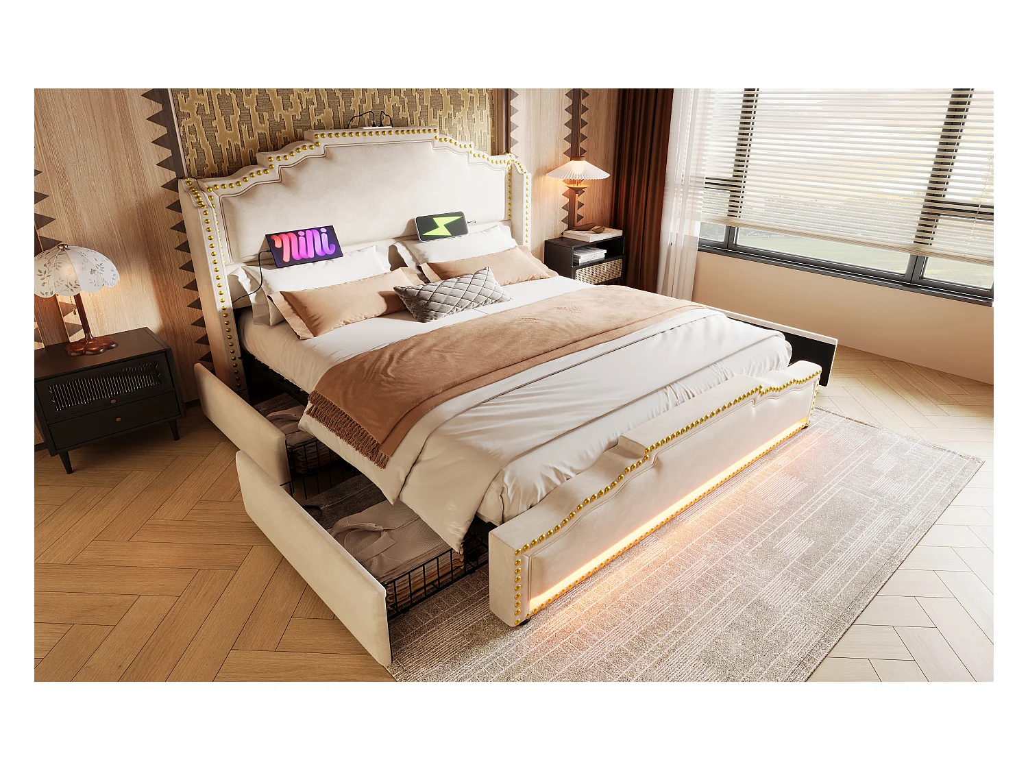 Lit en velours 140×200 cm, lit double avec 4 tiroirs, éclairage LED et ports USB-C, lit de rangement et lit d'adolescent