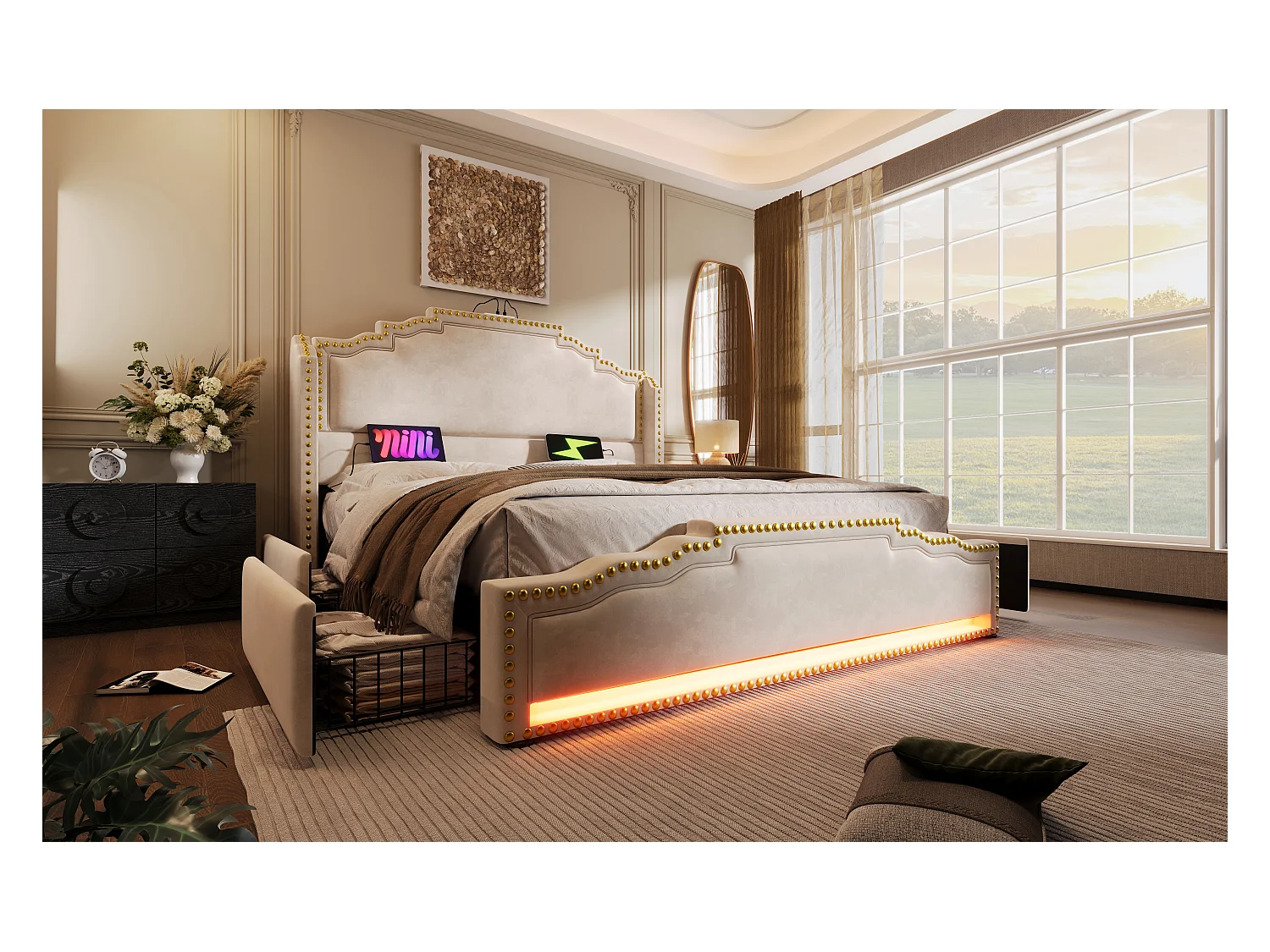 Lit en velours 140×200 cm, lit double avec 4 tiroirs, éclairage LED et ports USB-C, lit de rangement et lit d'adolescent