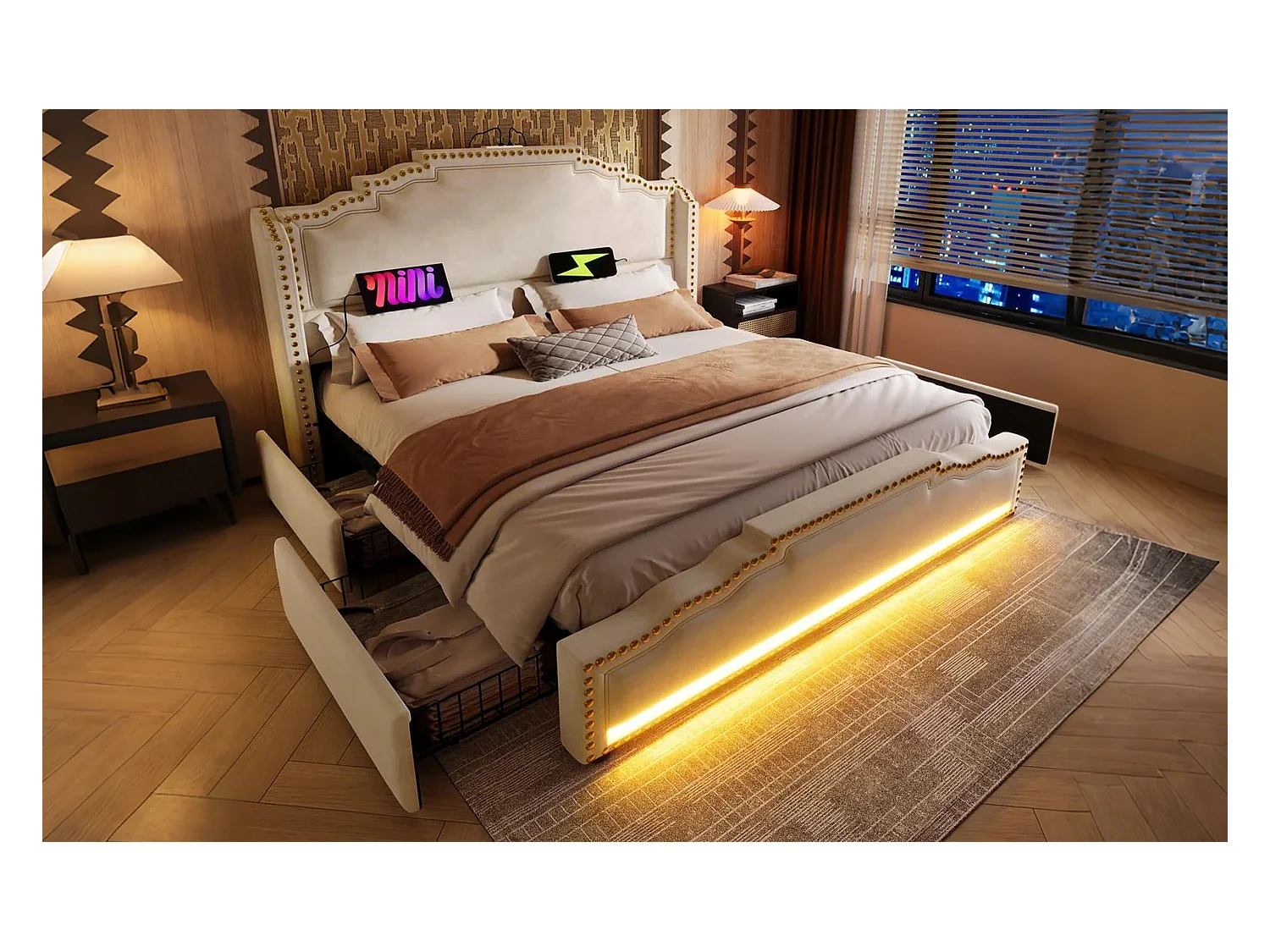 Lit en velours 140×200 cm, lit double avec 4 tiroirs, éclairage LED et ports USB-C, lit de rangement et lit d'adolescent
