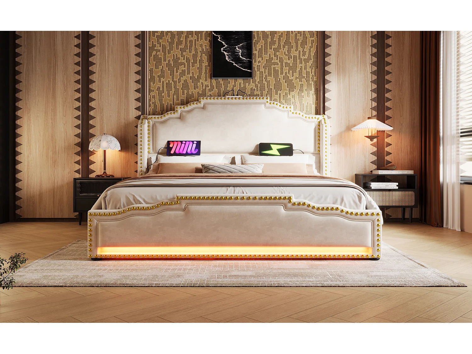 Lit en velours 140×200 cm, lit double avec 4 tiroirs, éclairage LED et ports USB-C, lit de rangement et lit d'adolescent