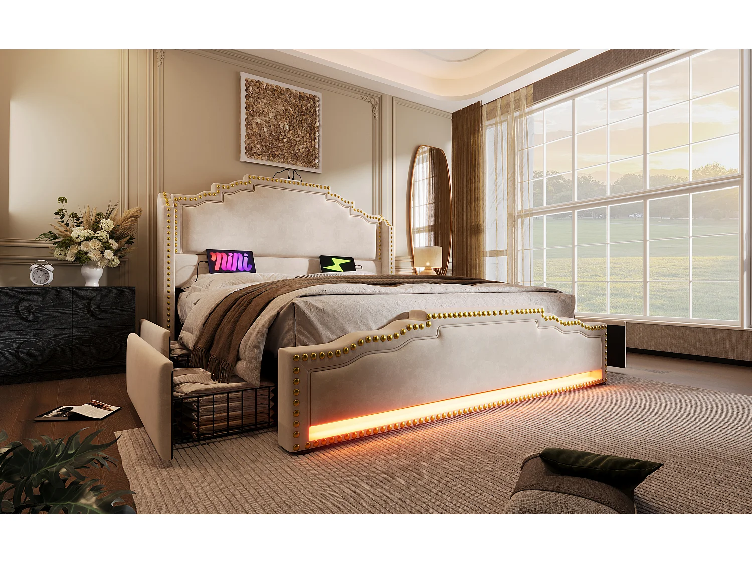 Lit en velours 140×200 cm, lit double avec 4 tiroirs, éclairage LED et ports USB-C, lit de rangement et lit d'adolescent