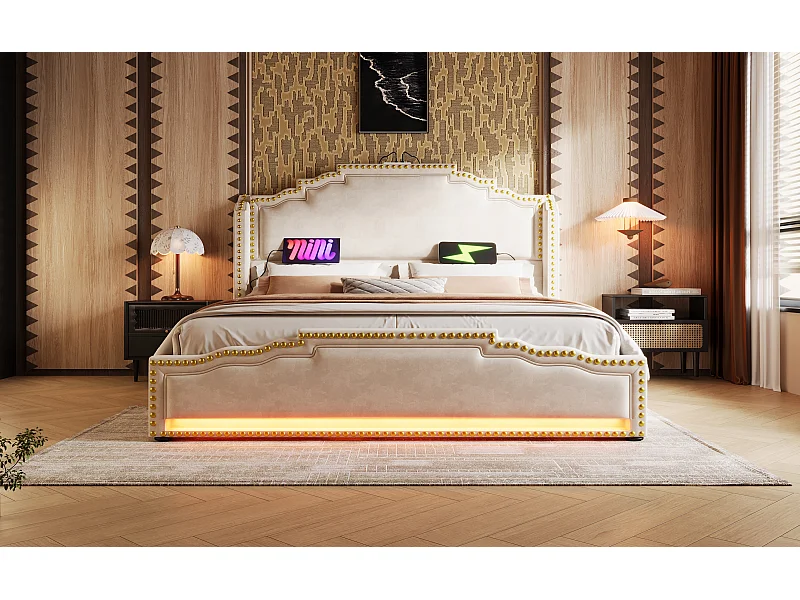 Lit en velours 140×200 cm, lit double avec 4 tiroirs, éclairage LED et ports USB-C, lit de rangement et lit d'adolescent