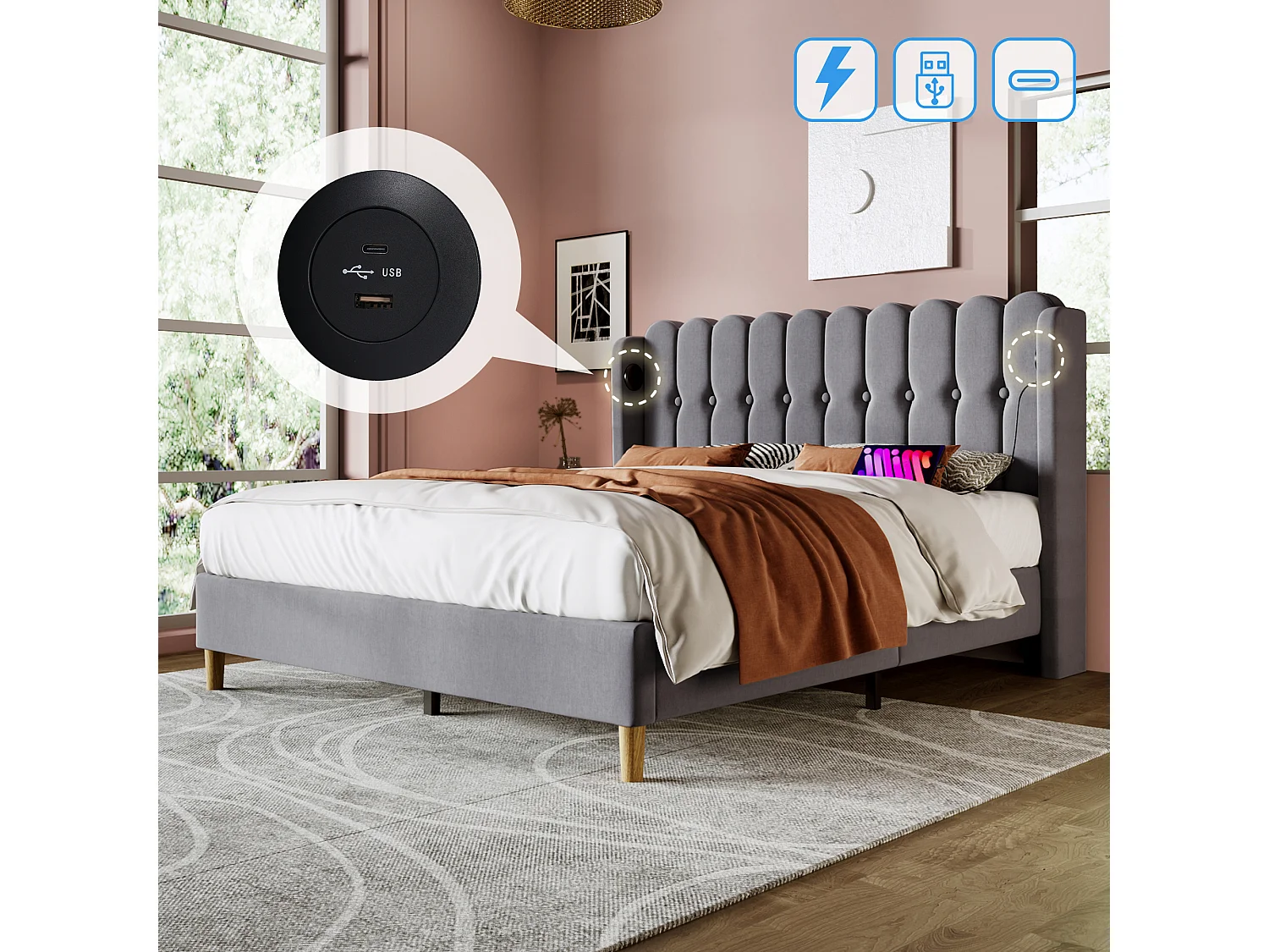 Lit double 140 x 200 cm avec fonction de chargement USB Type C, cadre de lit en lin gris avec sommier