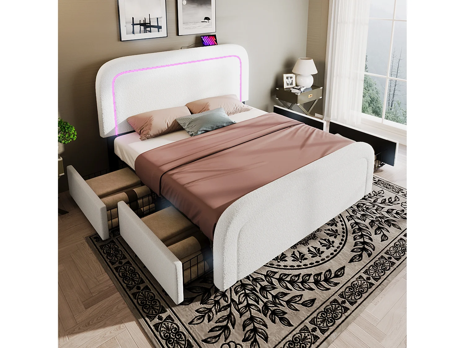 Lit double 140x200 cm avec fonction de chargement USB Type-C, éclairage LED et 4 tiroirs, en Sherpa blanc