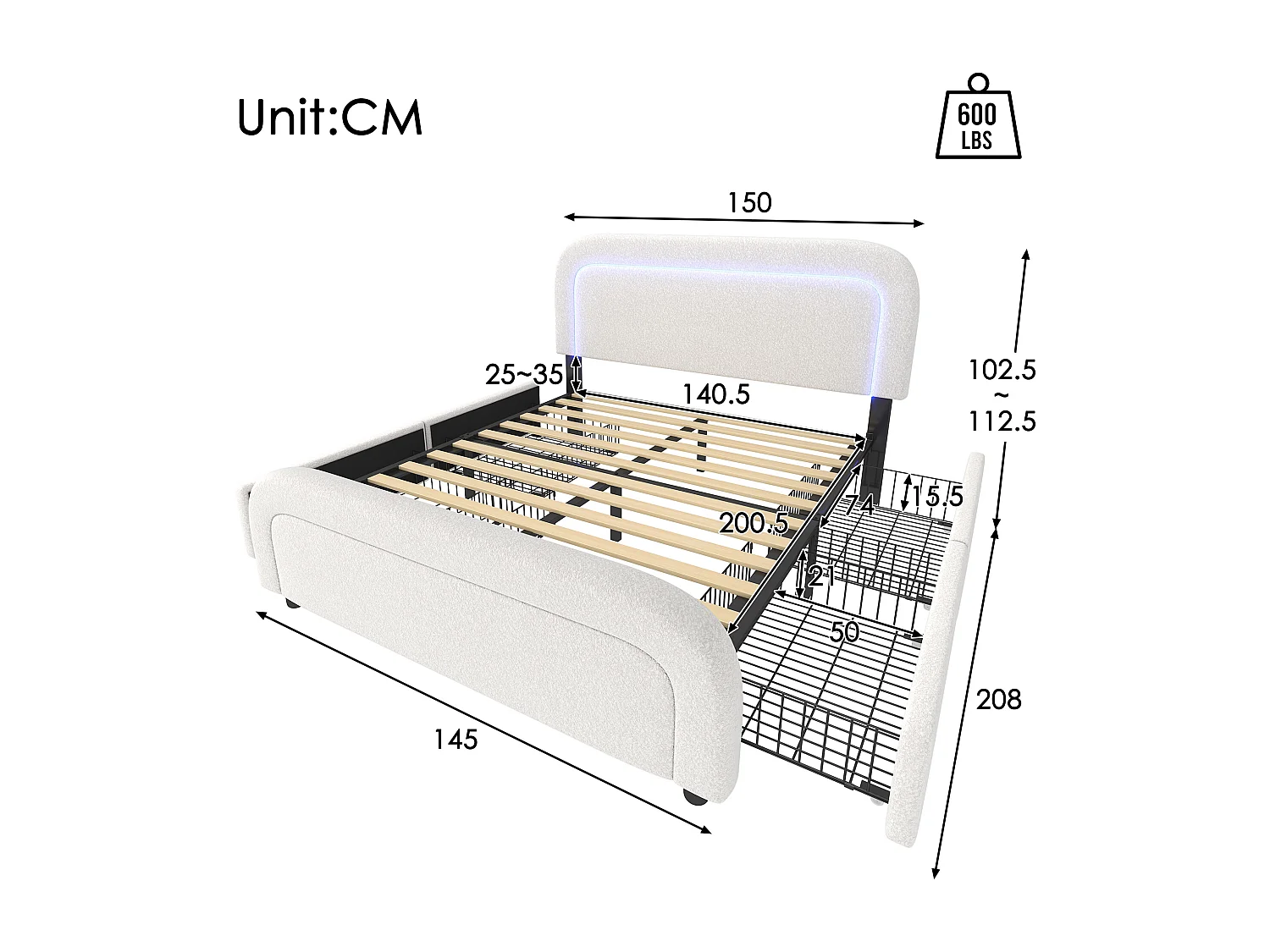 Lit double 140x200 cm avec fonction de chargement USB Type-C, éclairage LED et 4 tiroirs, en Sherpa blanc