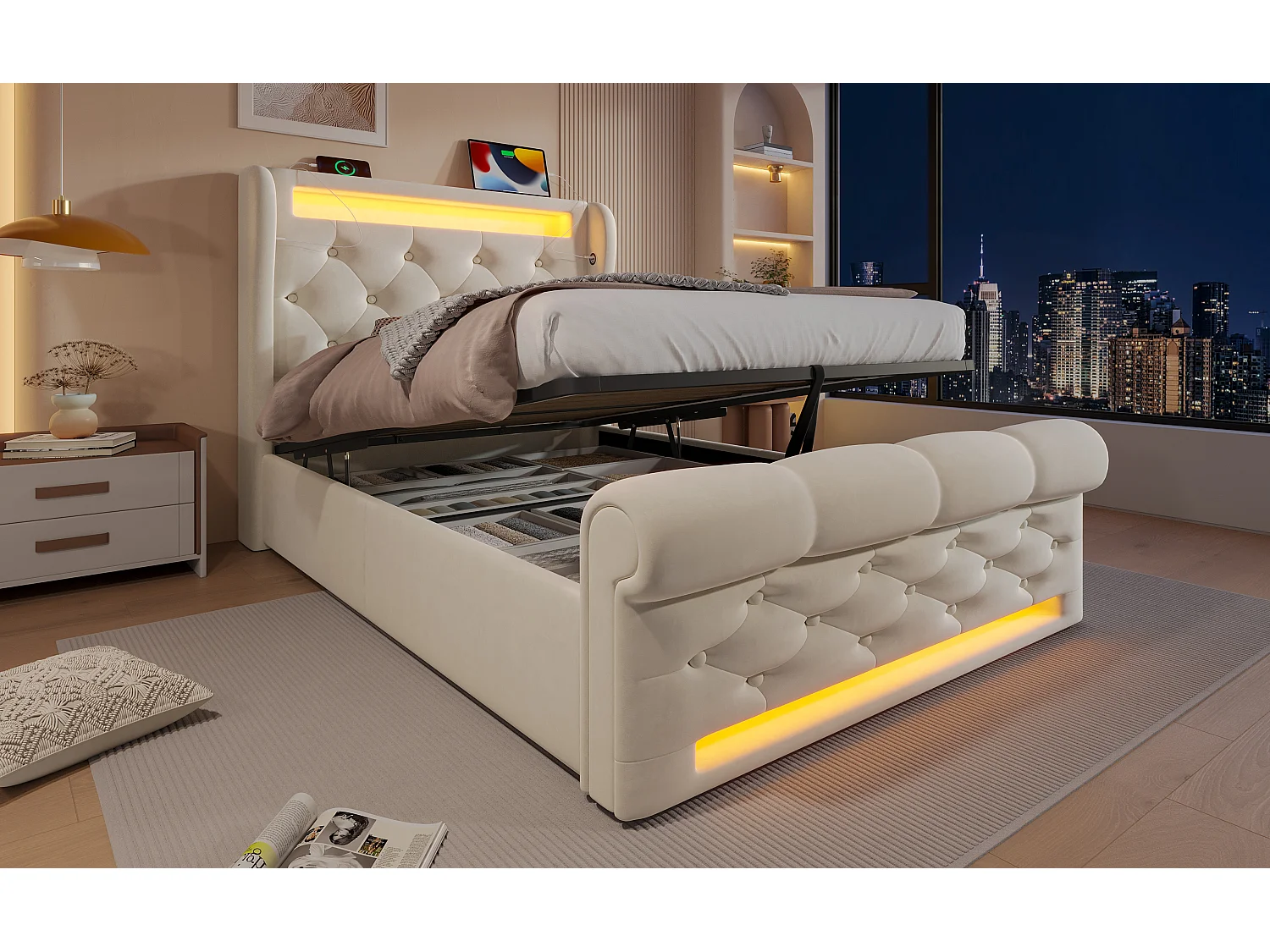 Lit moderne en velours 90x200 cm, avec éclairage LED, tête de lit avec USB et Type-C, beige