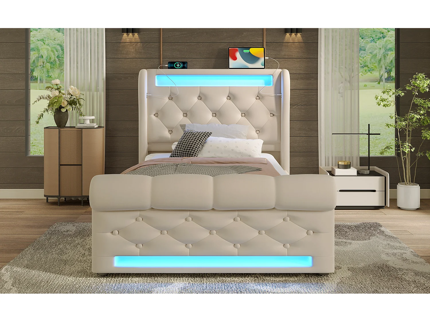 Lit moderne en velours 90x200 cm, avec éclairage LED, tête de lit avec USB et Type-C, beige