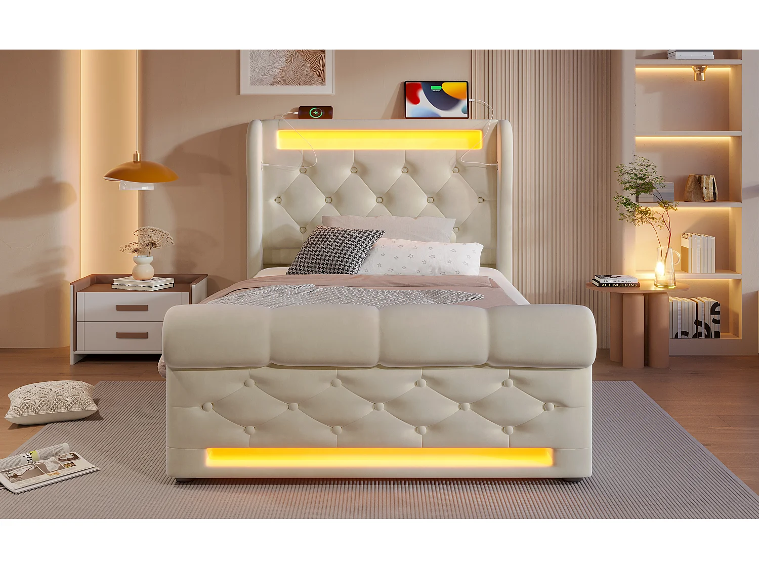 Lit moderne en velours 90x200 cm, avec éclairage LED, tête de lit avec USB et Type-C, beige