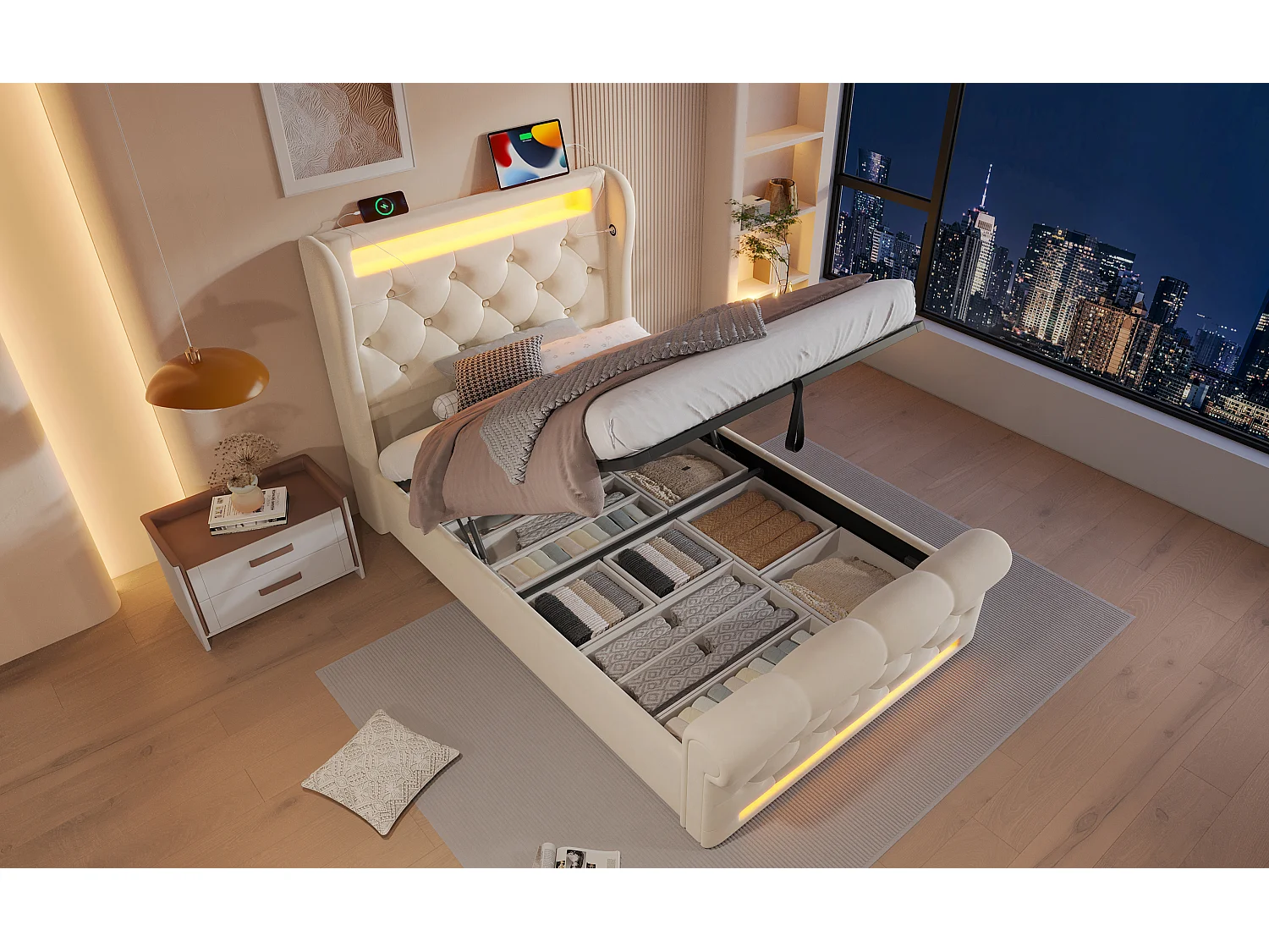 Lit moderne en velours 90x200 cm, avec éclairage LED, tête de lit avec USB et Type-C, beige