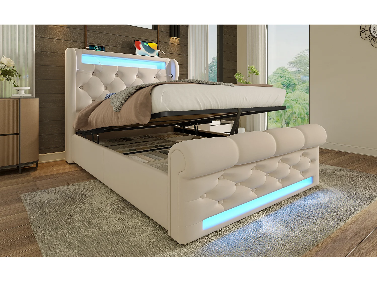 Lit moderne en velours 90x200 cm, avec éclairage LED, tête de lit avec USB et Type-C, beige