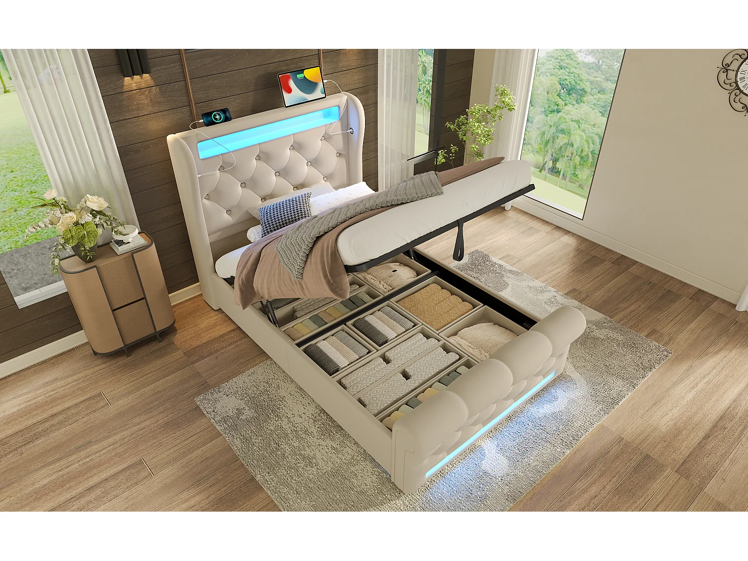 Lit moderne en velours 90x200 cm, avec éclairage LED, tête de lit avec USB et Type-C, beige