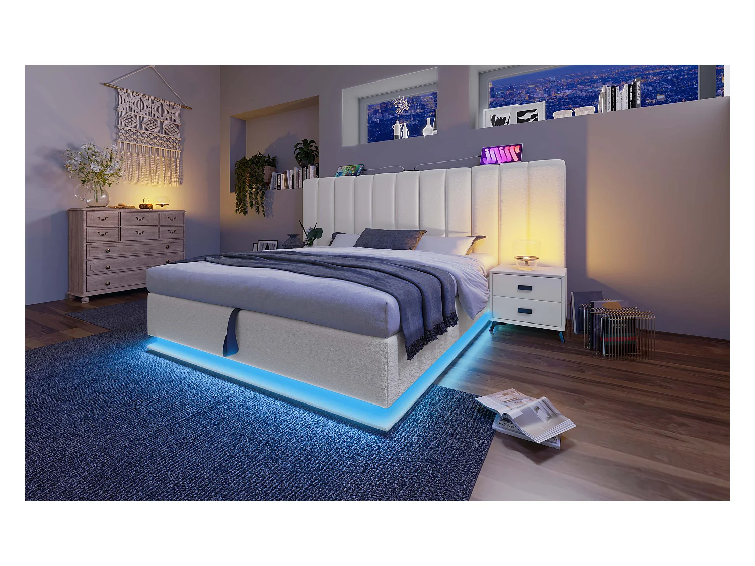 Lit avec rangement hydraulique 160×200 cm, éclairage LED contrôlé par application, blanc, sans matelas