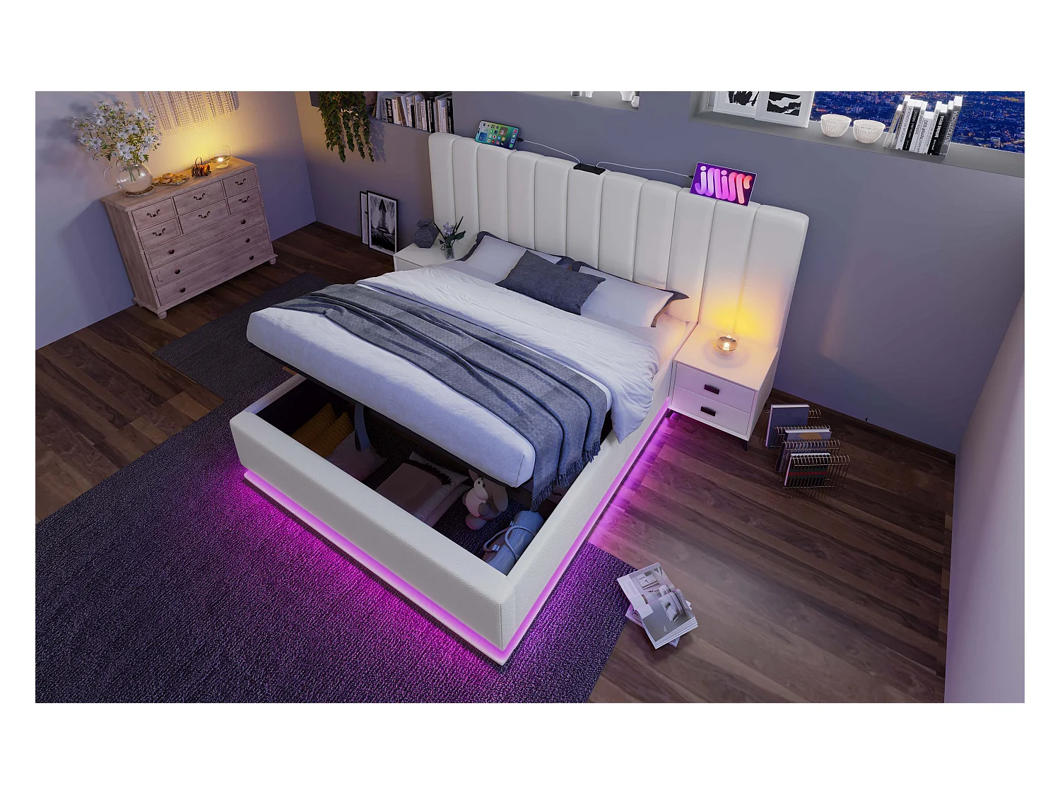 Lit avec rangement hydraulique 160×200 cm, éclairage LED contrôlé par application, blanc, sans matelas