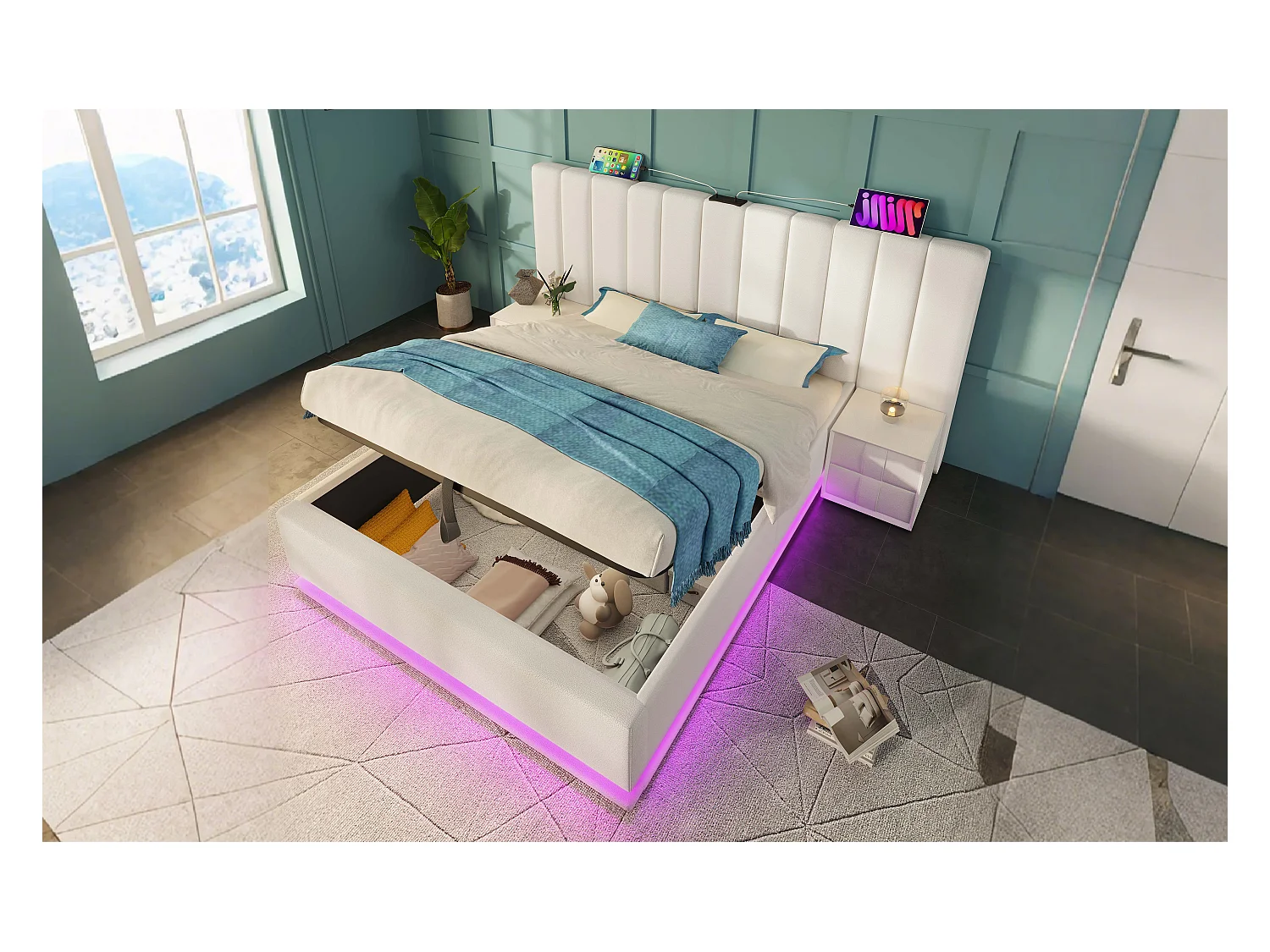 Lit avec rangement hydraulique 160×200 cm, éclairage LED contrôlé par application, blanc, sans matelas