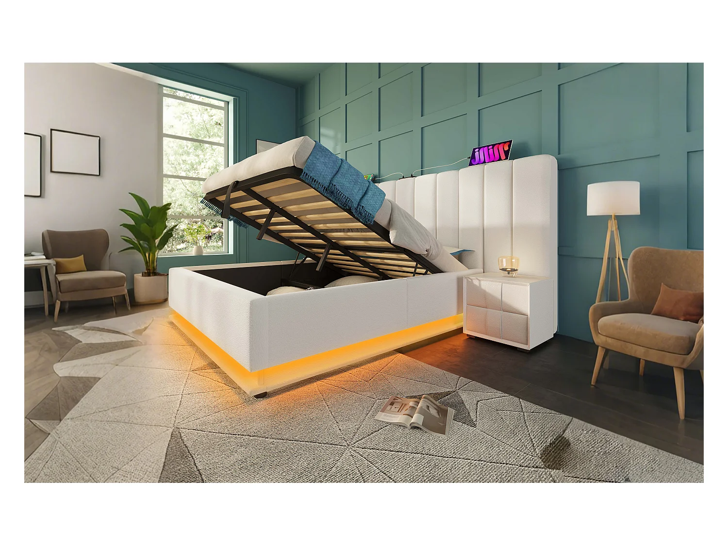 Lit avec rangement hydraulique 160×200 cm, éclairage LED contrôlé par application, blanc, sans matelas