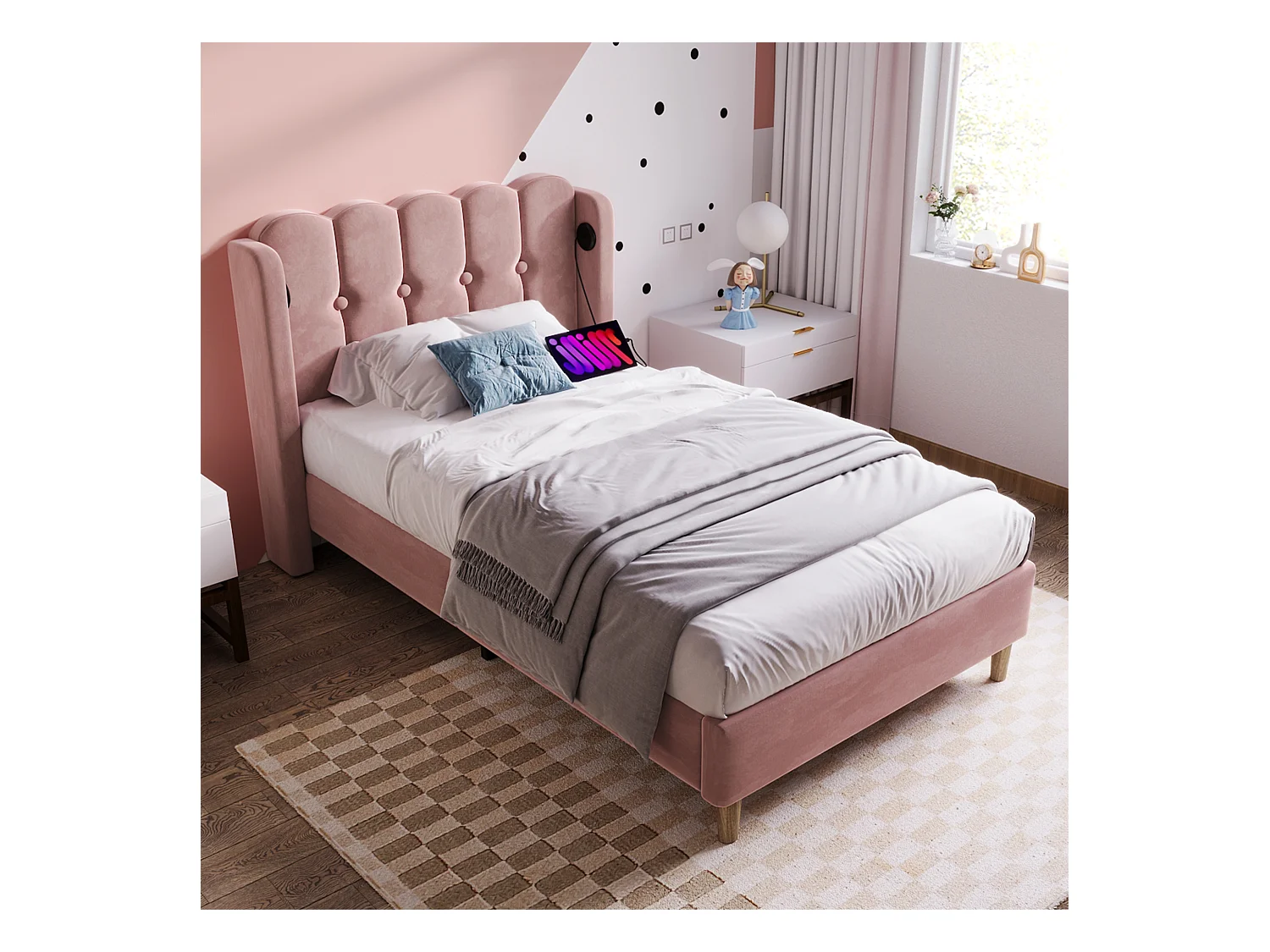 Lit simple en velours rose 90×200 cm avec tête de lit design et ports USB, cadre robuste et confortable