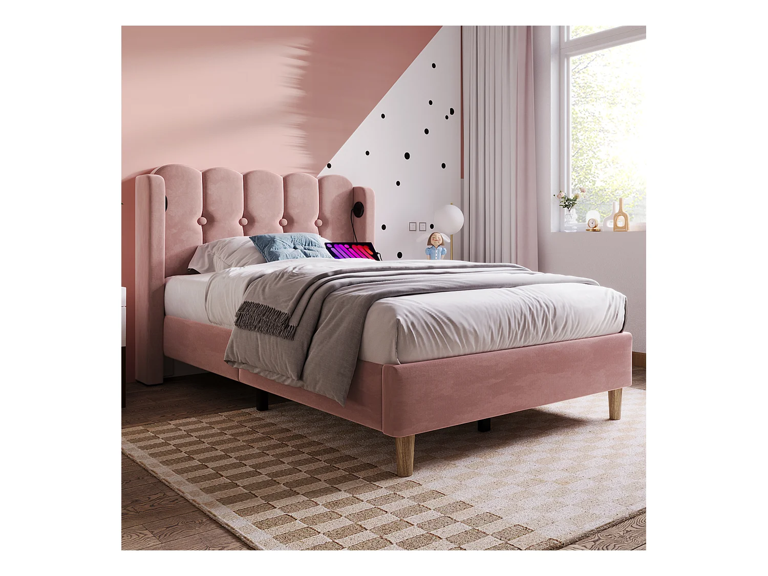 Lit simple en velours rose 90×200 cm avec tête de lit design et ports USB, cadre robuste et confortable