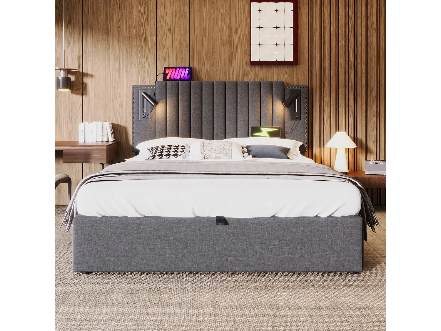 Lit rembourré 140x200 cm, avec espace de rangement, éclairage de lecture USB et tête de lit réglable en gris