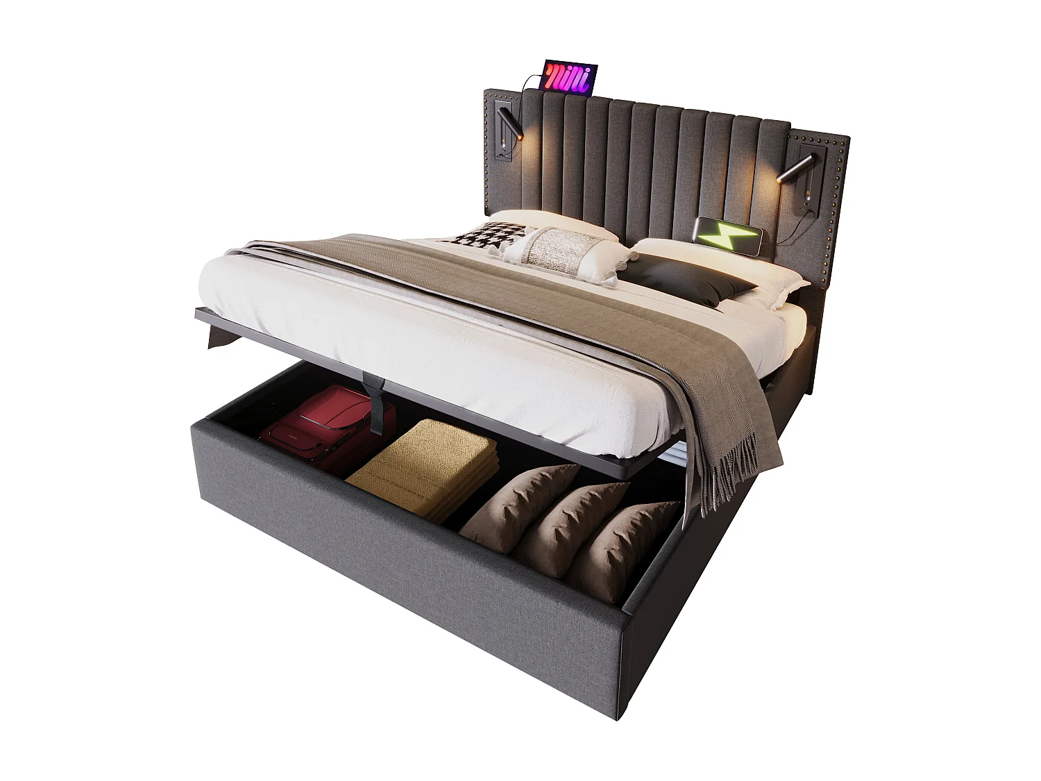 Lit rembourré 140x200 cm, avec espace de rangement, éclairage de lecture USB et tête de lit réglable en gris