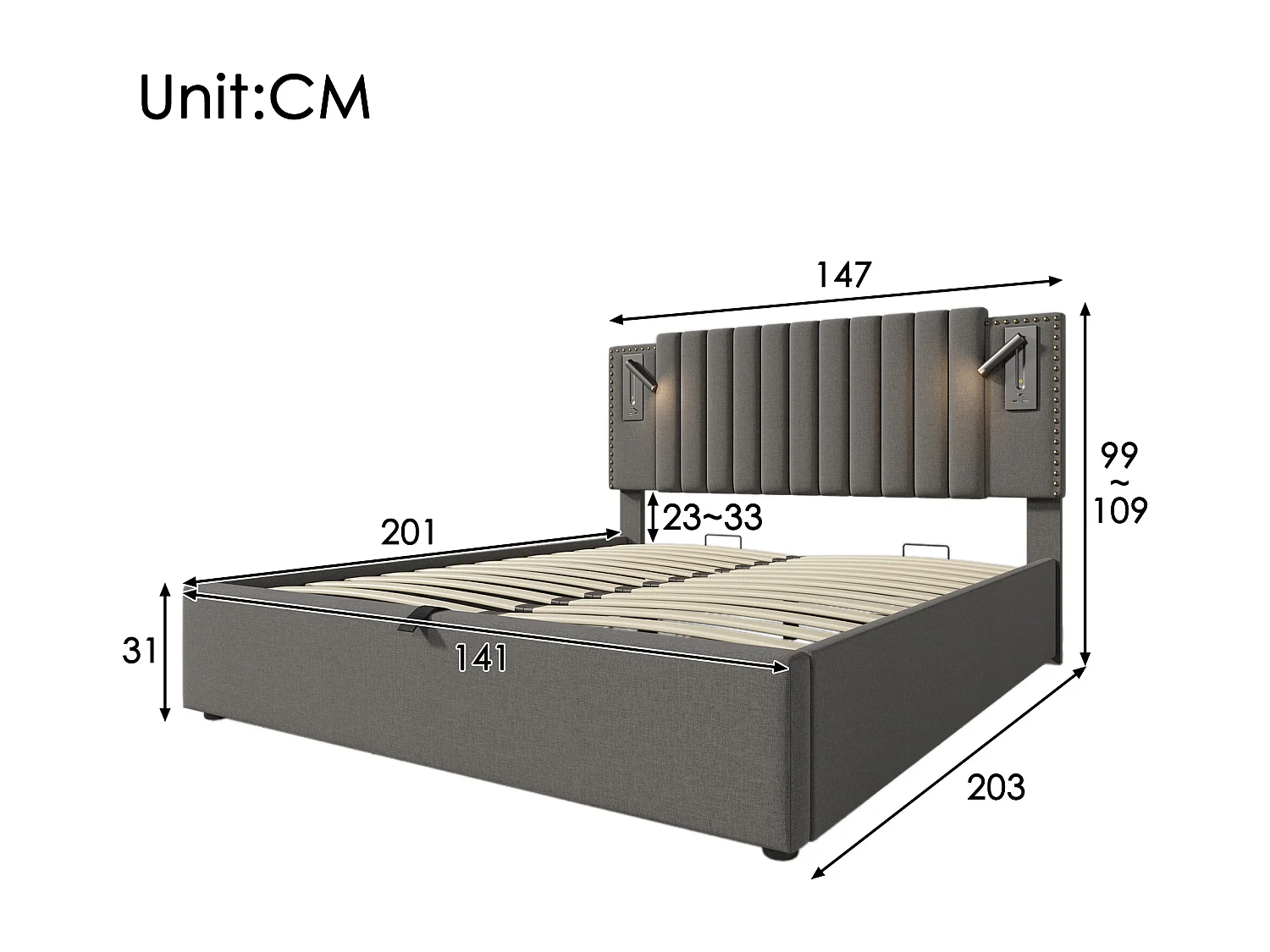 Lit rembourré 140x200 cm, avec espace de rangement, éclairage de lecture USB et tête de lit réglable en gris