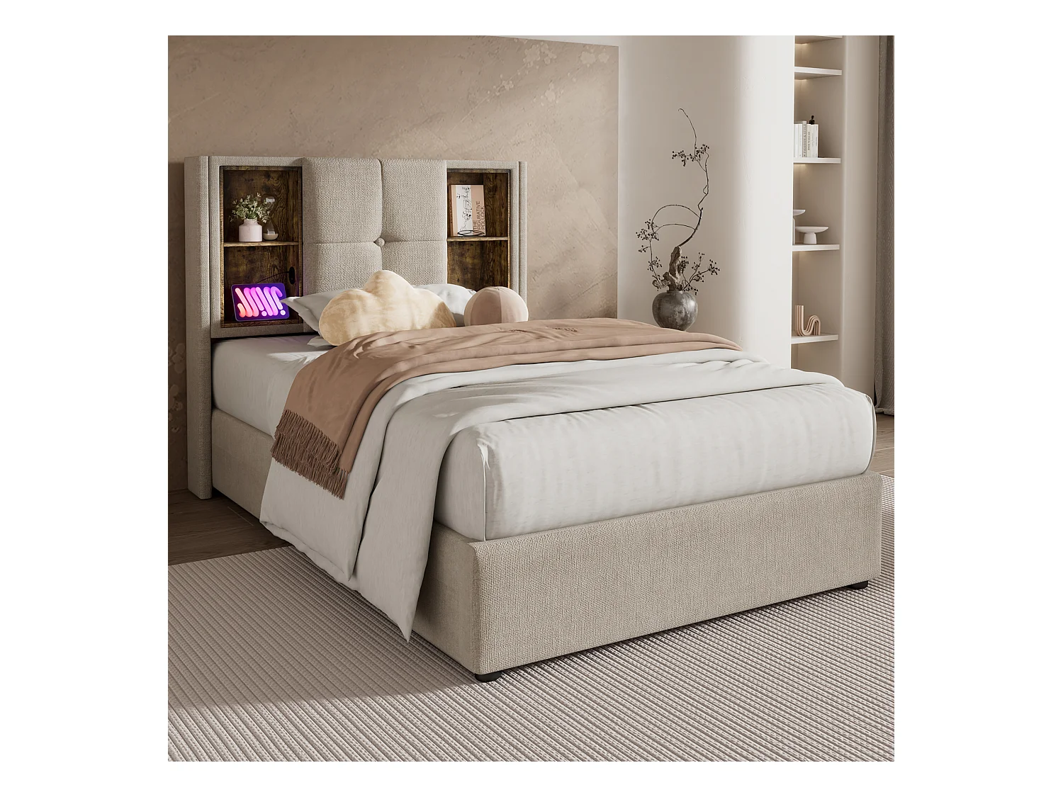 Lit simple 90×200 cm avec chargement sans fil, tête de lit en lin naturel et rangement intégré