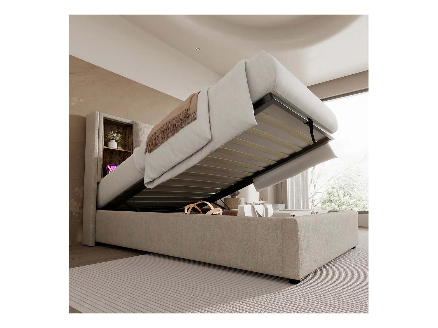 Lit simple 90×200 cm avec chargement sans fil, tête de lit en lin naturel et rangement intégré