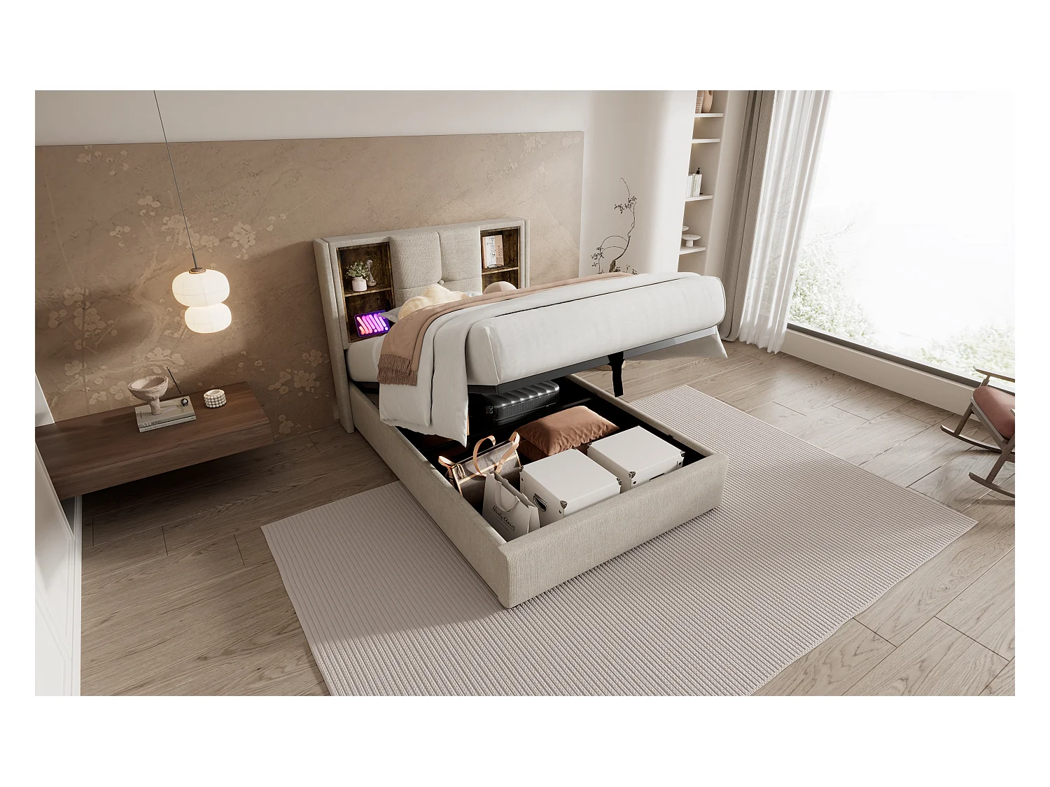 Lit simple 90×200 cm avec chargement sans fil, tête de lit en lin naturel et rangement intégré