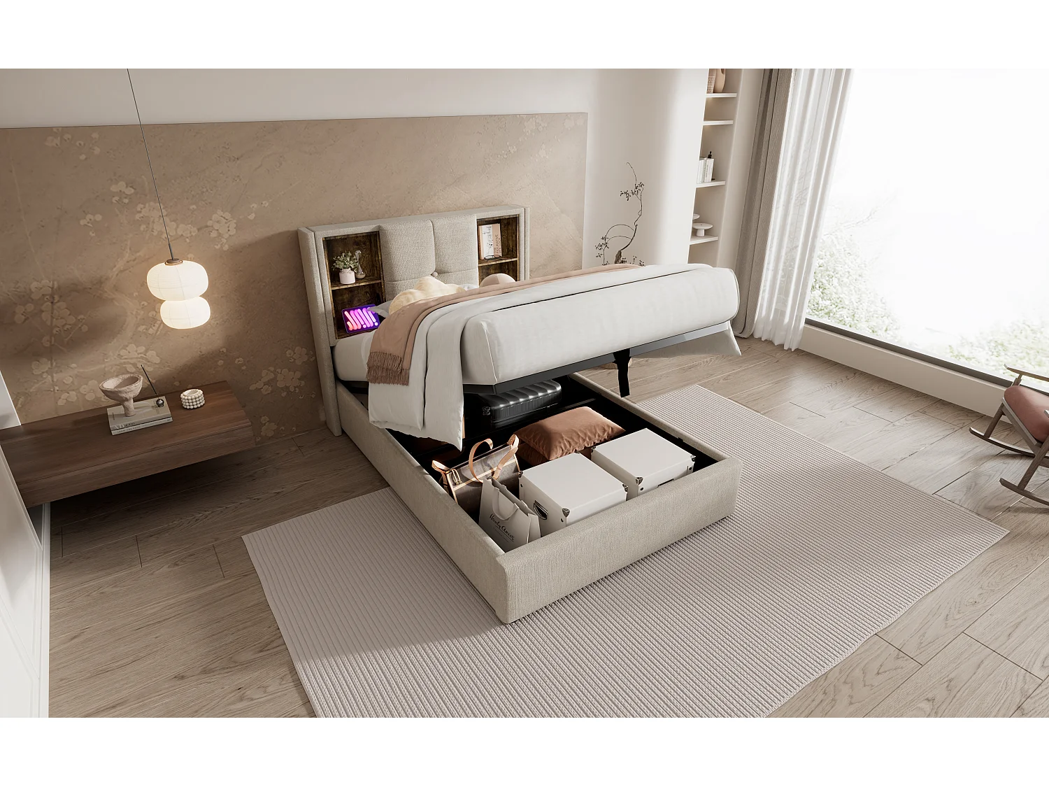 Lit simple 90×200 cm avec chargement sans fil, tête de lit en lin naturel et rangement intégré