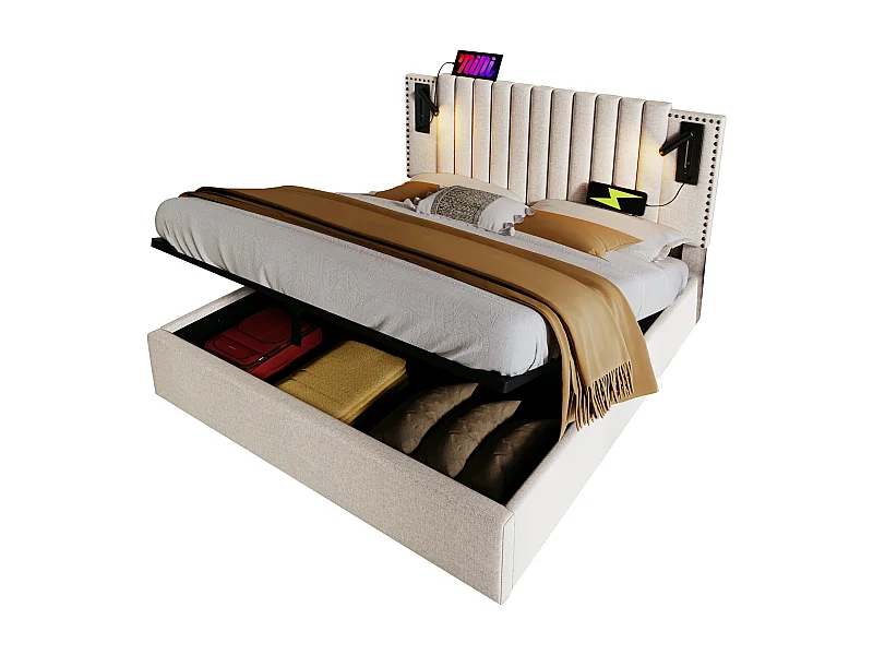 Lit en tissu 140x200 cm, lit double avec rangement, éclairage de lecture avec USB, tête de lit réglable