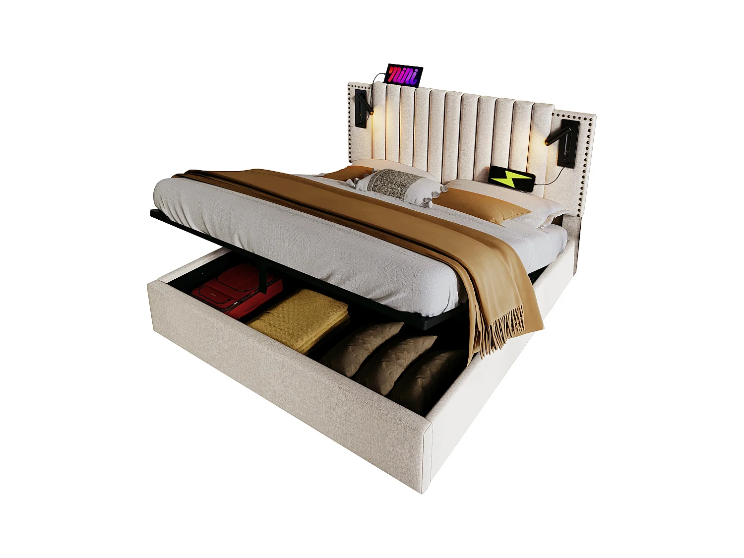 Lit en tissu 140x200 cm, lit double avec rangement, éclairage de lecture avec USB, tête de lit réglable