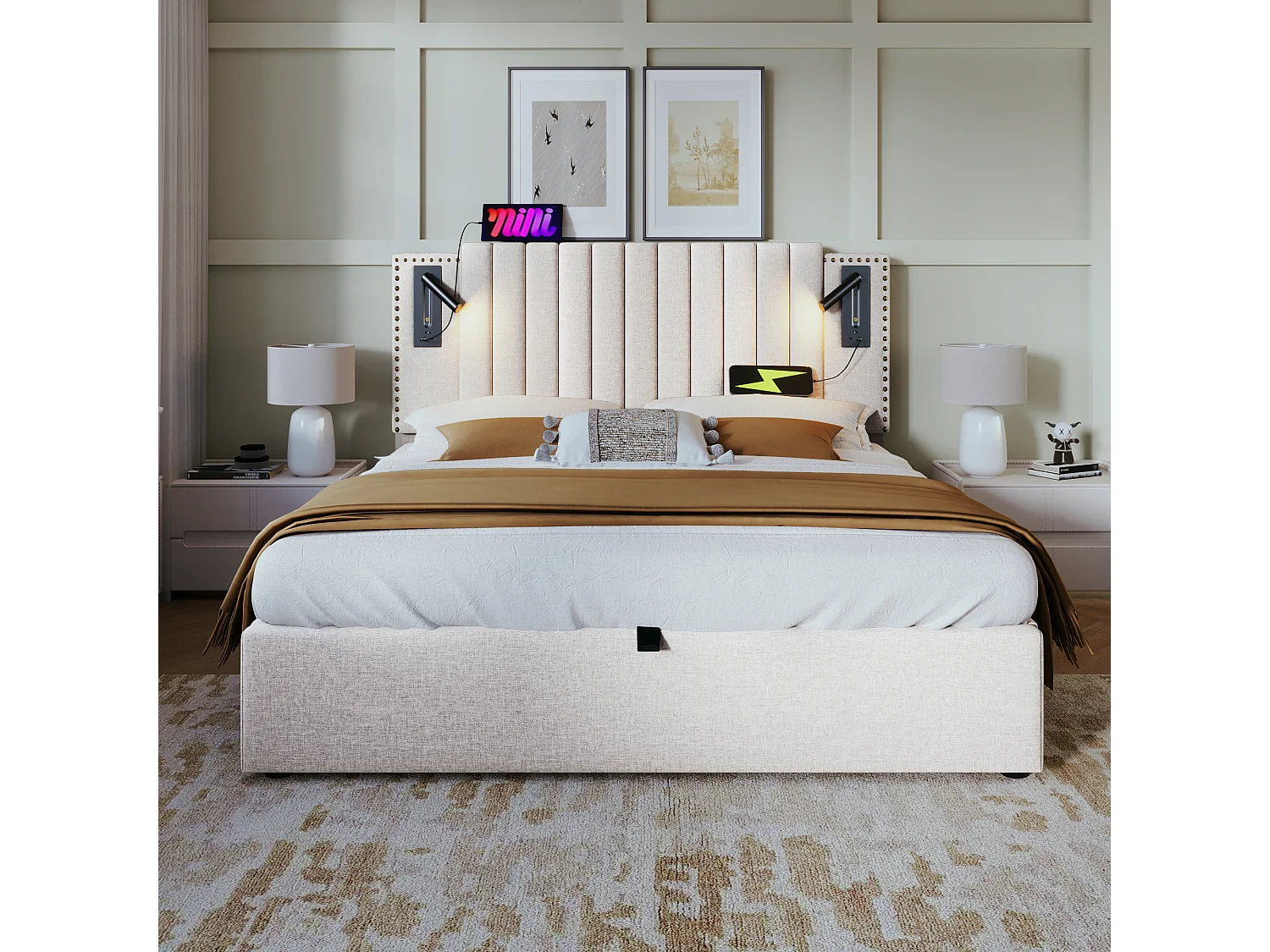 Lit en tissu 140x200 cm, lit double avec rangement, éclairage de lecture avec USB, tête de lit réglable