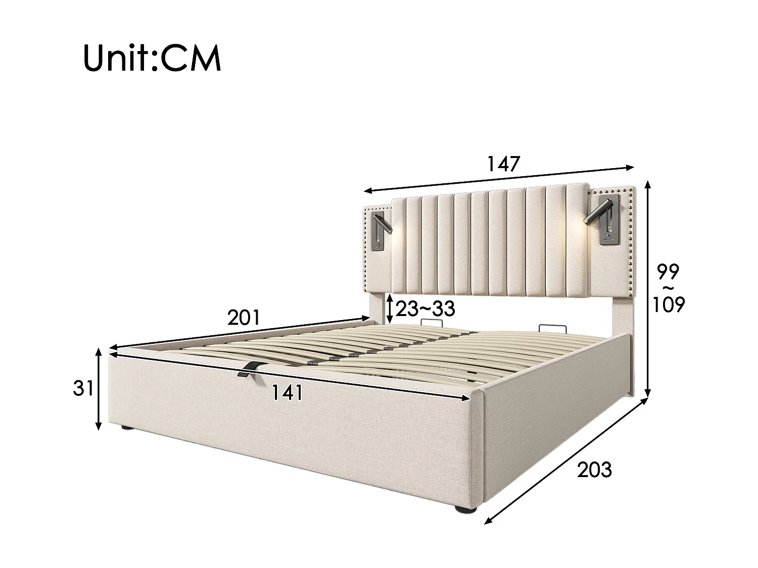 Lit en tissu 140x200 cm, lit double avec rangement, éclairage de lecture avec USB, tête de lit réglable