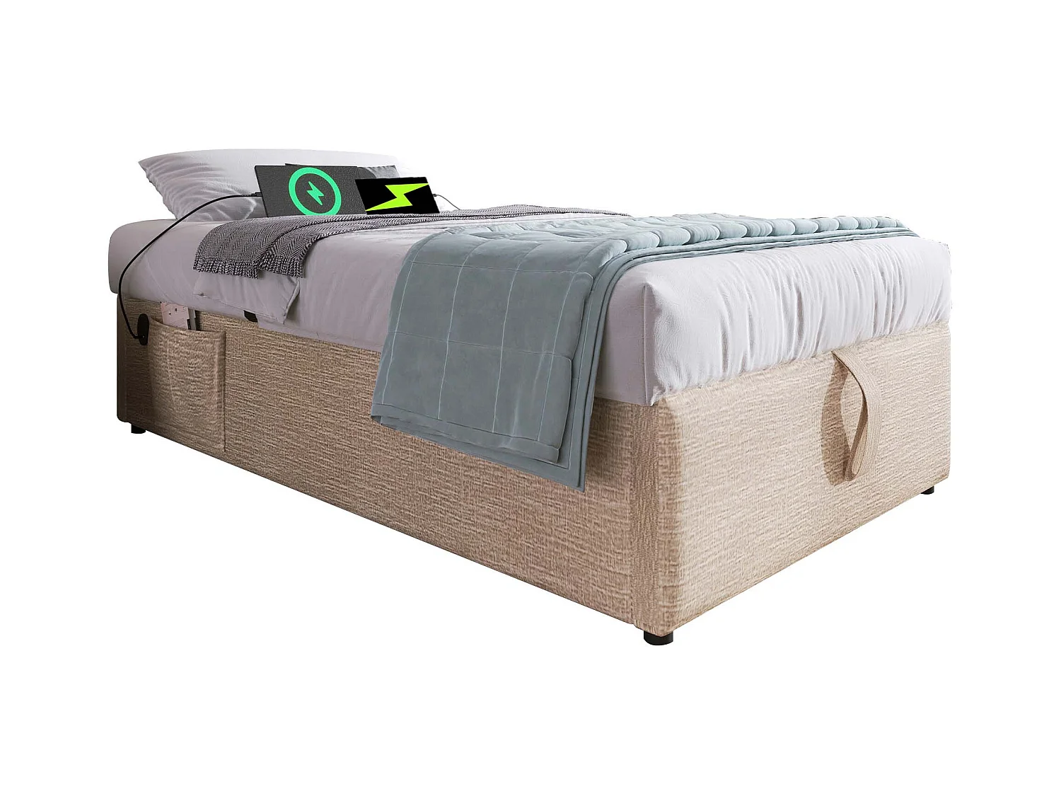 Lit simple 90×190 cm, lit avec rangement hydraulique, USB-C, en lin naturel, sans tête de lit