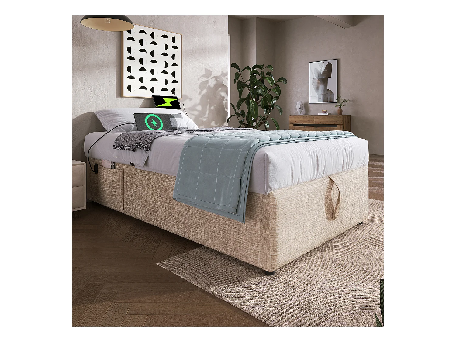 Lit simple 90×190 cm, lit avec rangement hydraulique, USB-C, en lin naturel, sans tête de lit