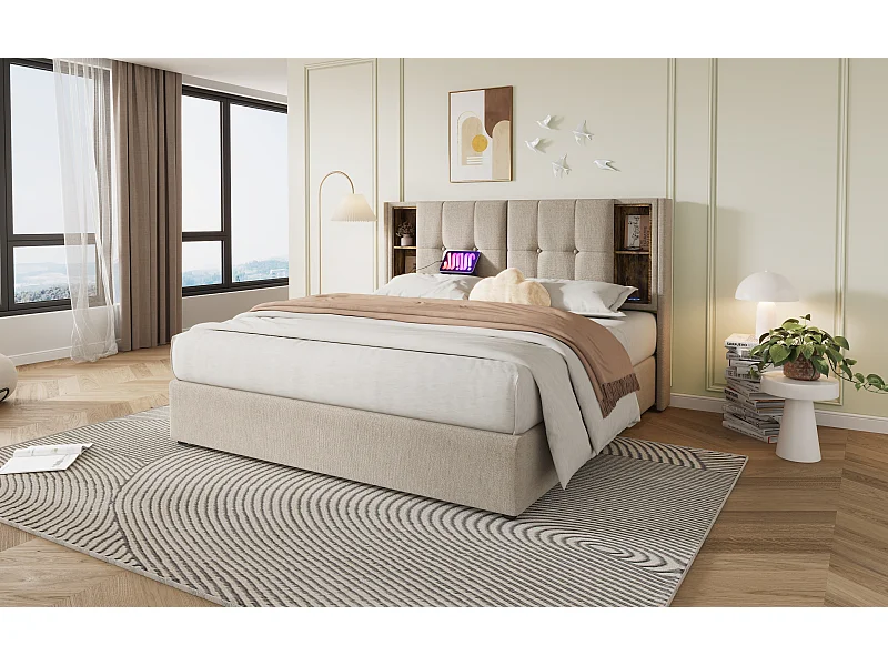 Lit double 140x200 cm avec chargement sans fil et rangement, cadre en lin naturel