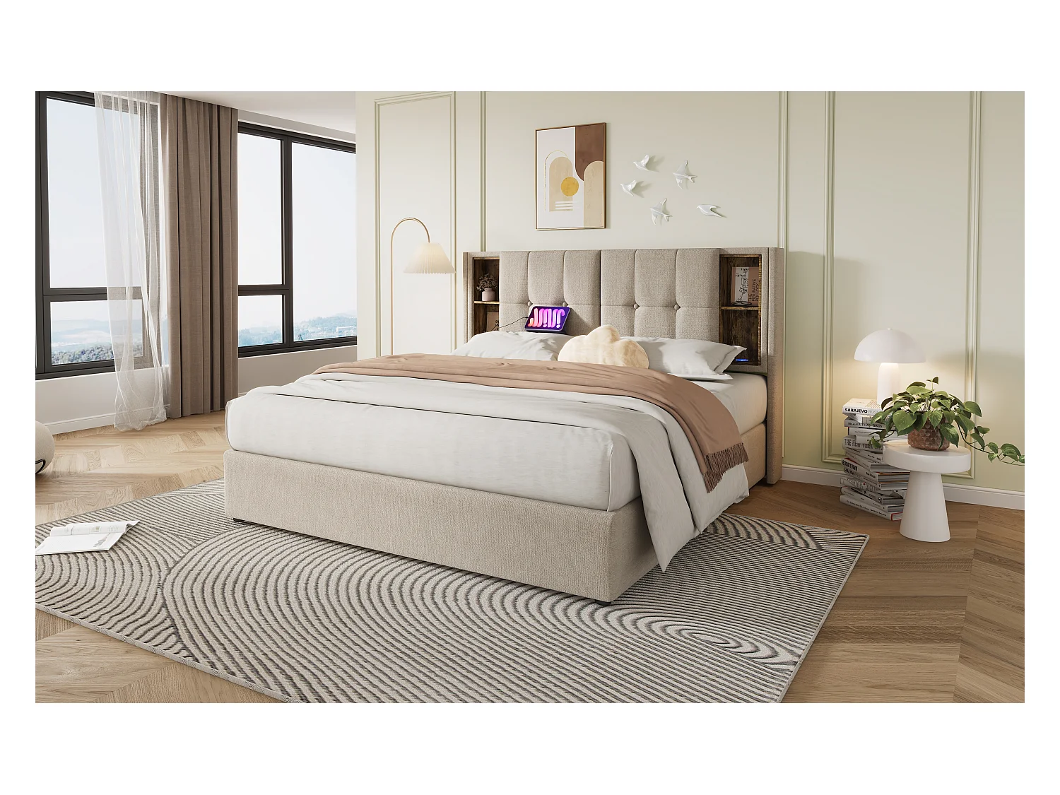 Lit double 140x200 cm avec chargement sans fil et rangement, cadre en lin naturel