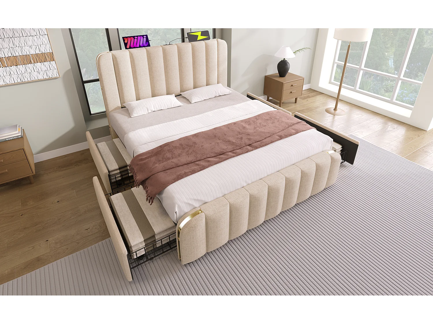 Lit double 160×200 cm en lin beige avec tête de lit rembourrée, 4 tiroirs et ports USB intégrés