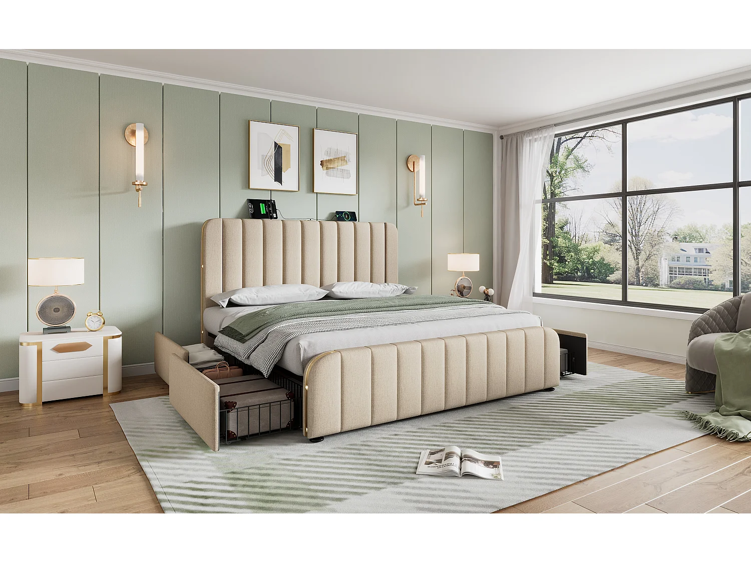 Lit double 160×200 cm en lin beige avec tête de lit rembourrée, 4 tiroirs et ports USB intégrés