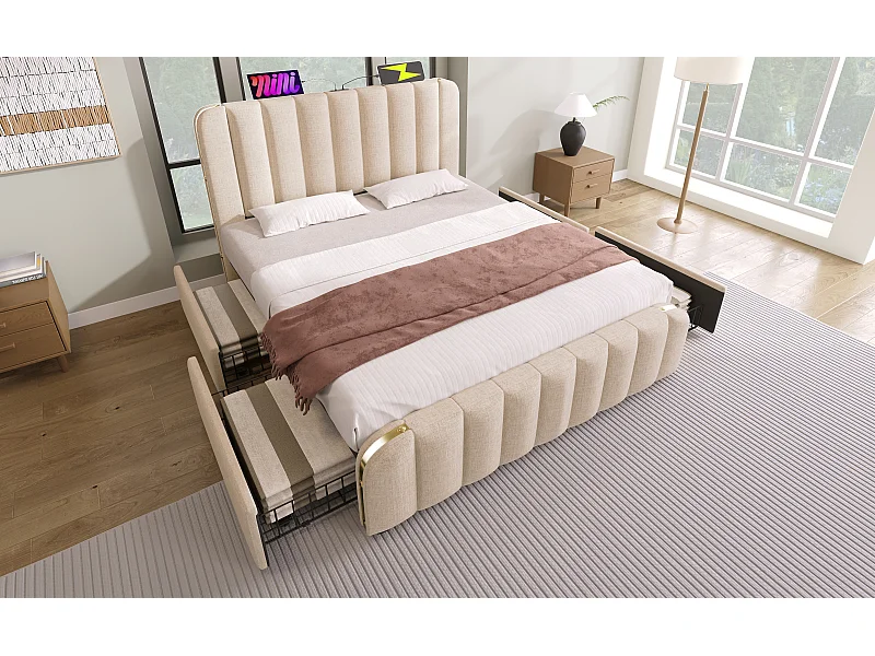 Lit double 160×200 cm en lin beige avec tête de lit rembourrée, 4 tiroirs et ports USB intégrés