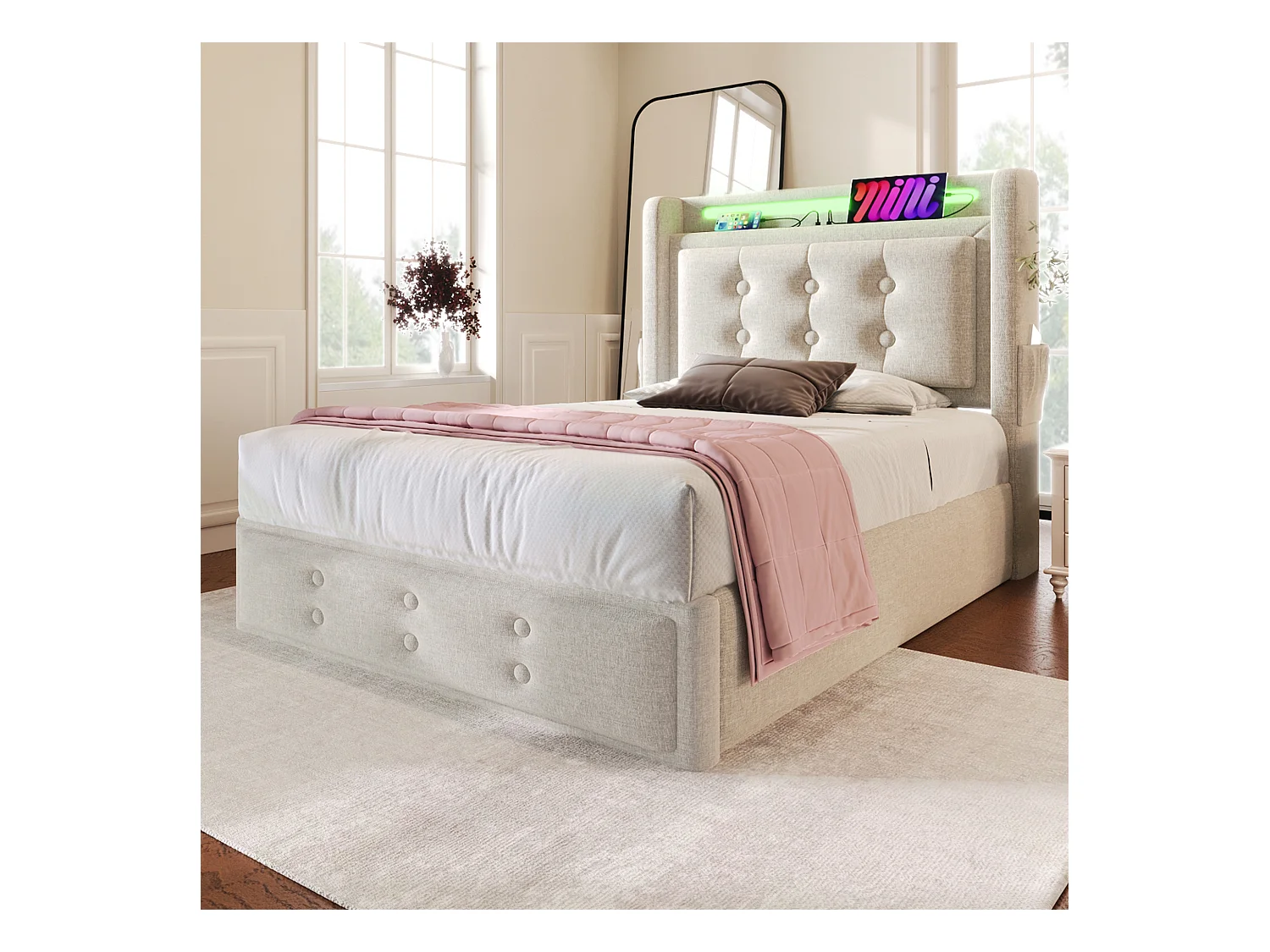 Lit simple 90x200 cm en beige avec tête de lit LED et ports USB, rangement pratique et robuste