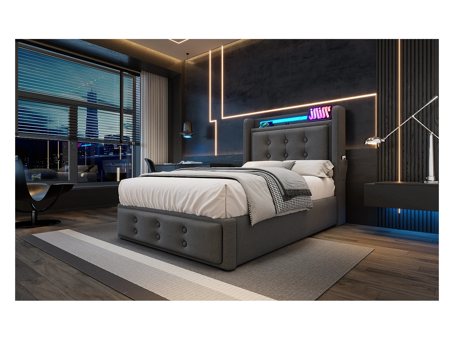 Lit simple 90×200 cm en gris avec tête de lit LED et ports USB intégrés, rangement pratique