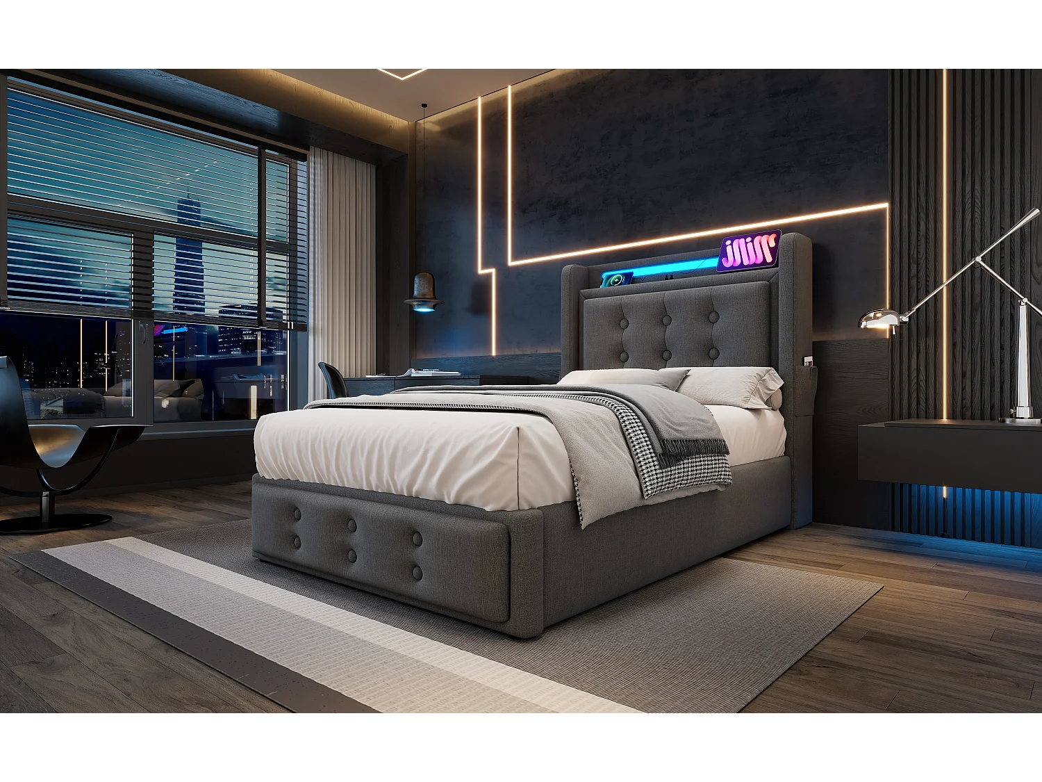 Lit simple 90×200 cm en gris avec tête de lit LED et ports USB intégrés, rangement pratique