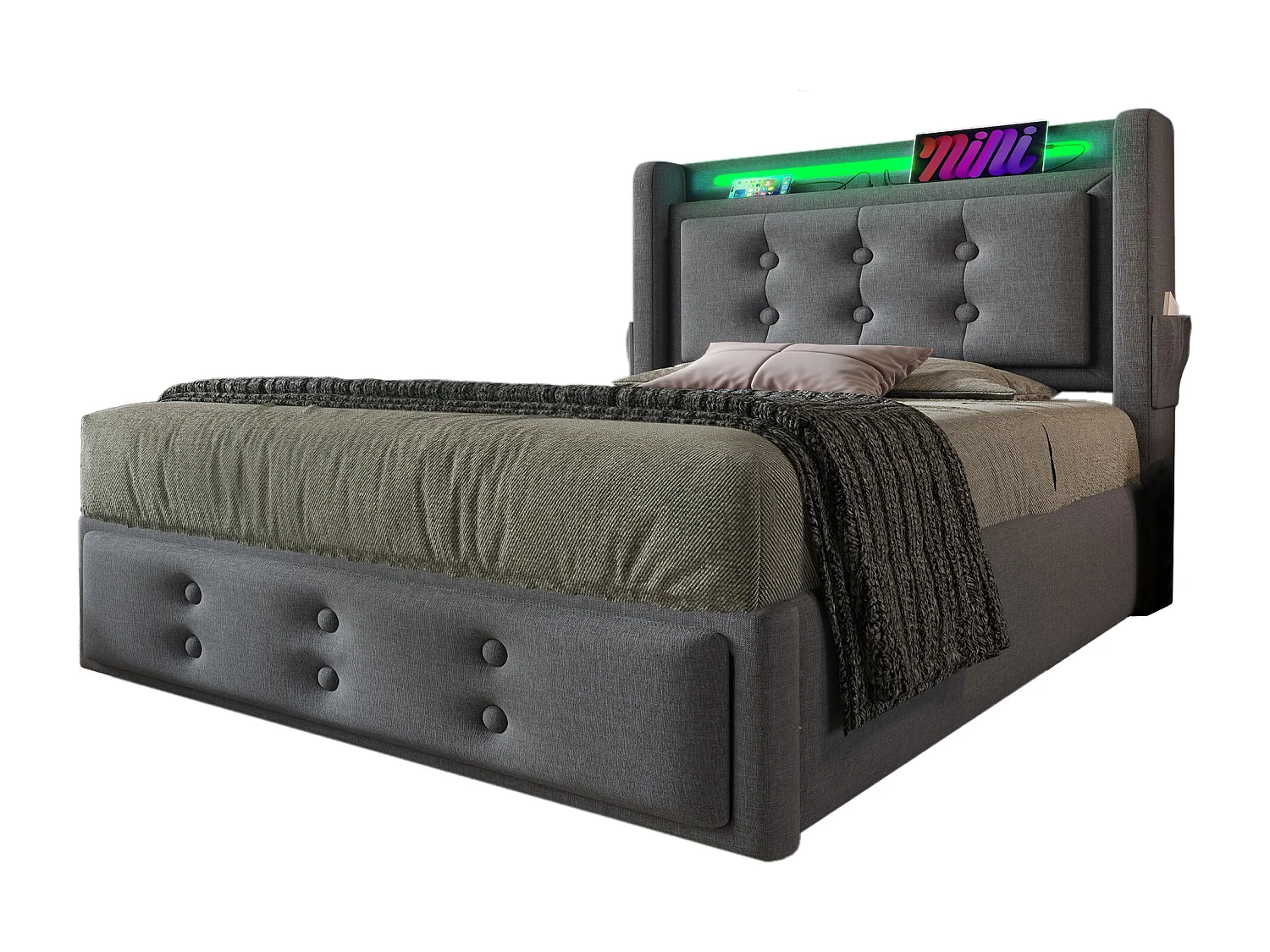 Lit simple 90×200 cm en gris avec tête de lit LED et ports USB intégrés, rangement pratique