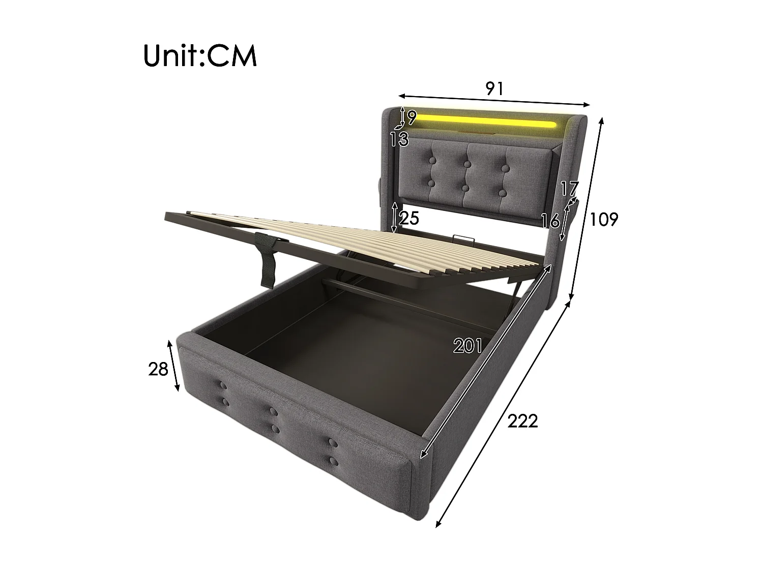 Lit simple 90×200 cm en gris avec tête de lit LED et ports USB intégrés, rangement pratique