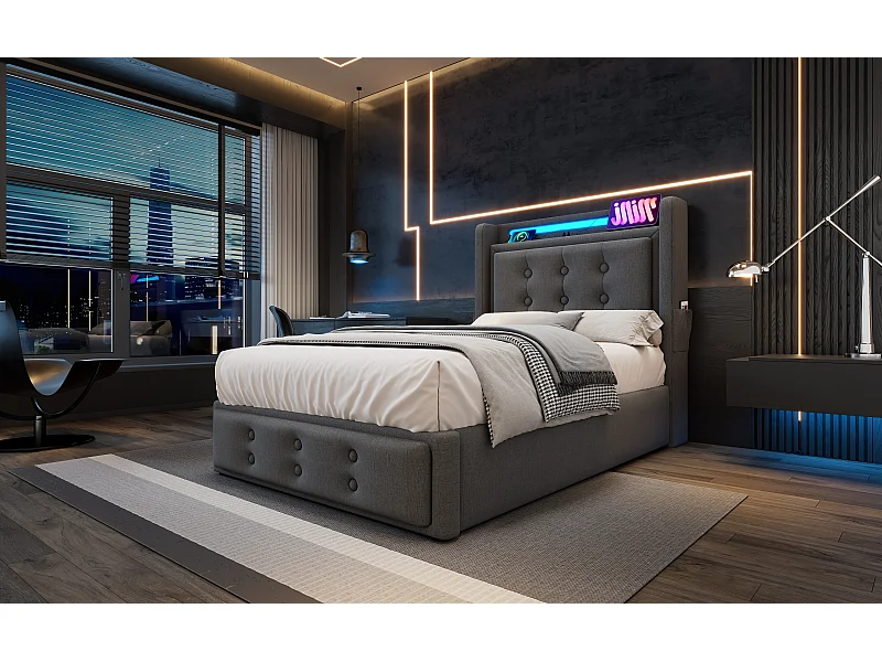 Lit simple 90×200 cm en gris avec tête de lit LED et ports USB intégrés, rangement pratique