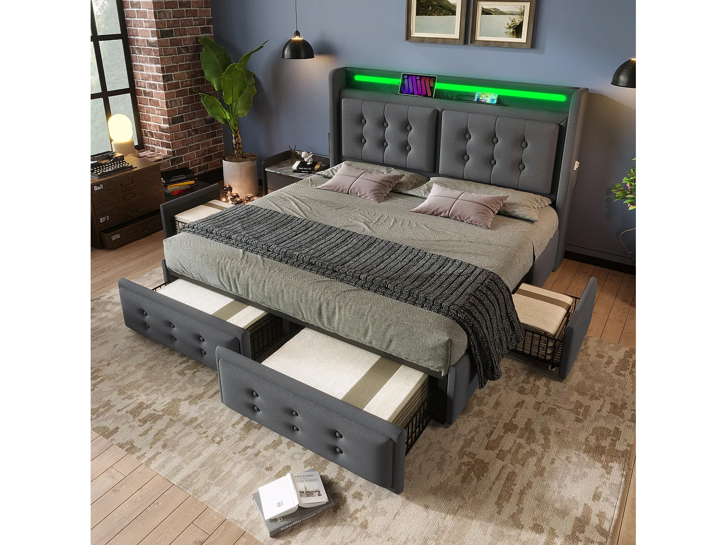 Lit double 160x200 cm en gris, avec tête de lit LED, 4 tiroirs et rangement pratique