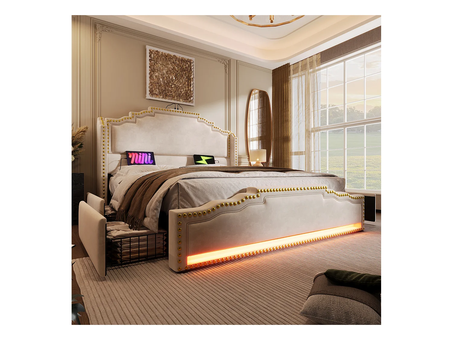 Lit rembourré 160×200 cm, lit double avec 4 tiroirs, éclairage LED et ports USB-C, en velours beige