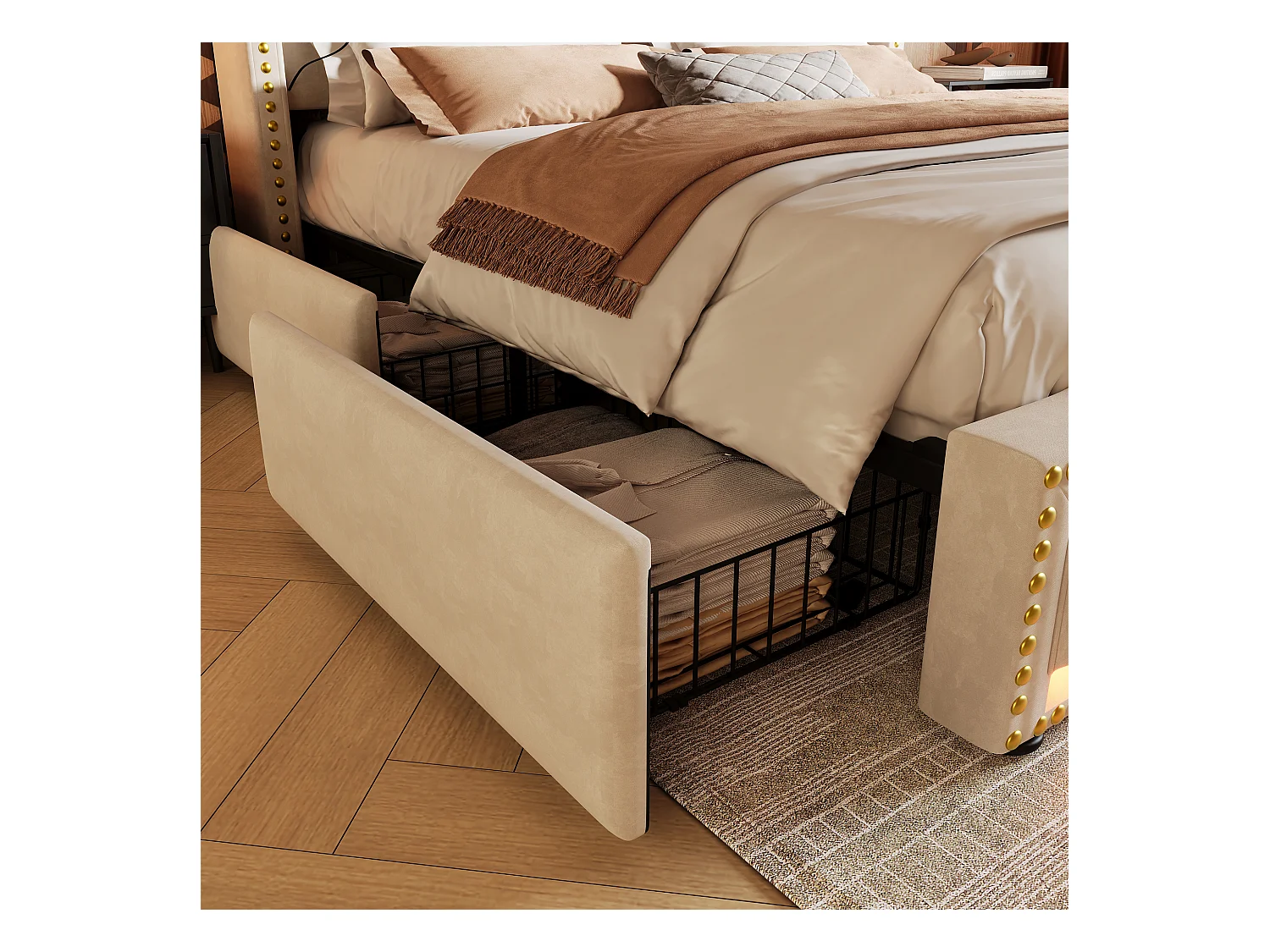 Lit rembourré 160×200 cm, lit double avec 4 tiroirs, éclairage LED et ports USB-C, en velours beige