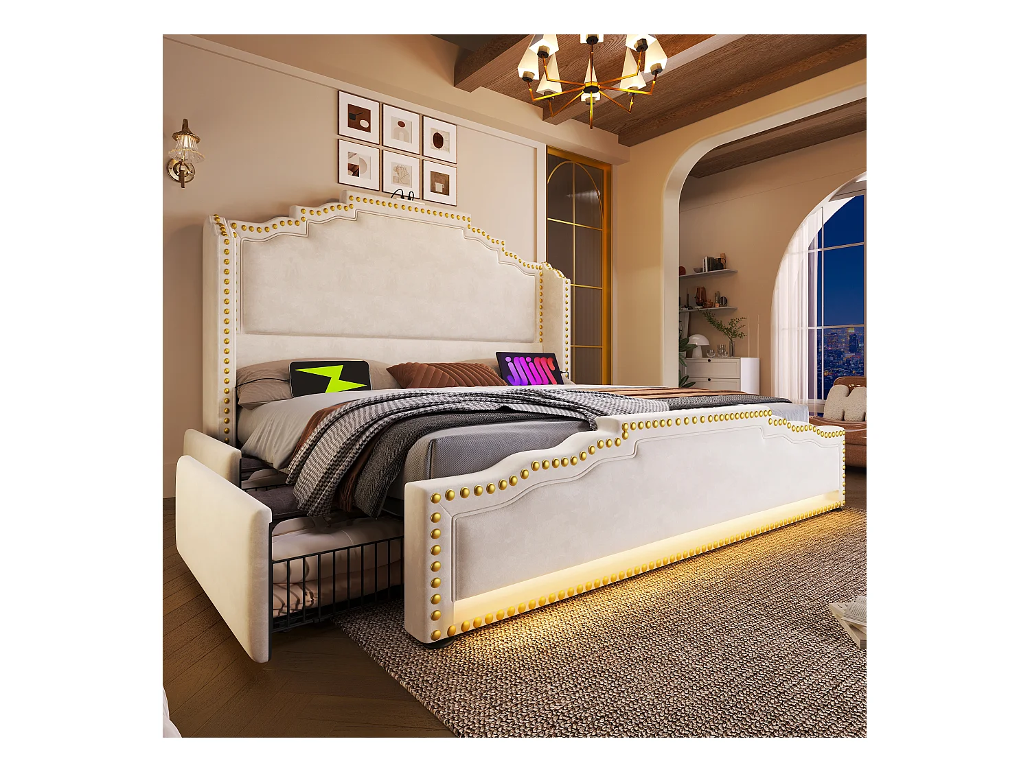 Lit rembourré 160×200 cm, lit double avec 4 tiroirs, éclairage LED et ports USB-C, en velours beige