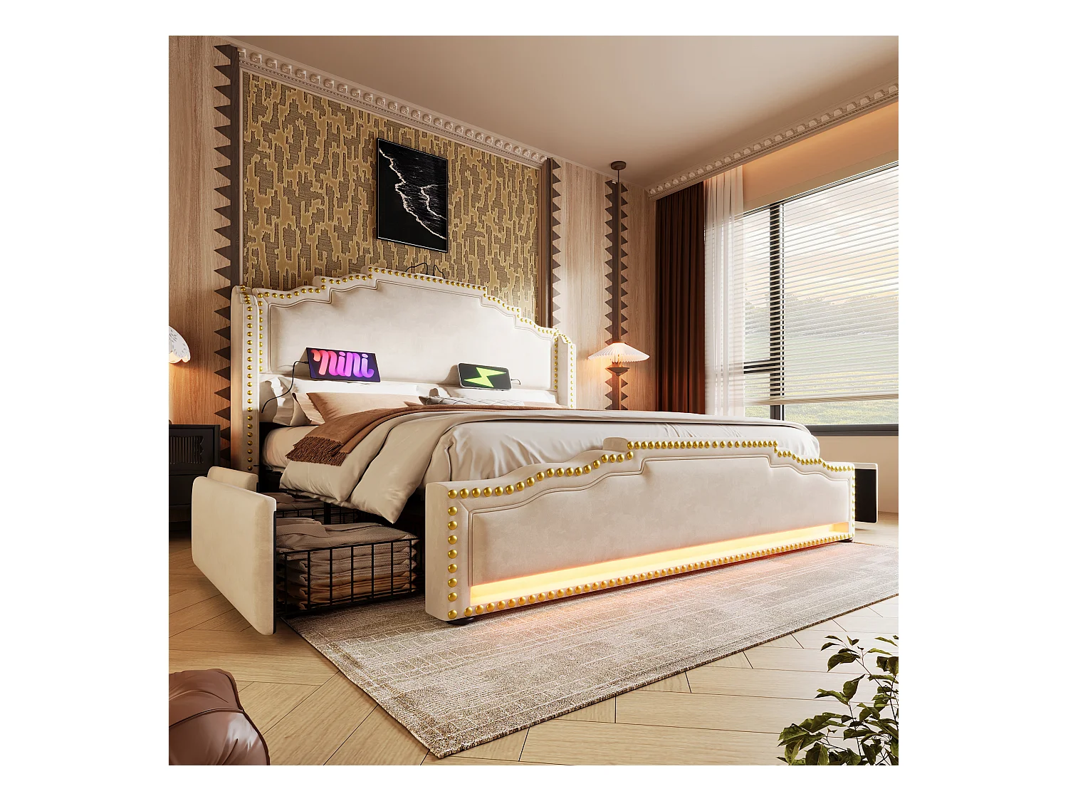 Lit rembourré 160×200 cm, lit double avec 4 tiroirs, éclairage LED et ports USB-C, en velours beige